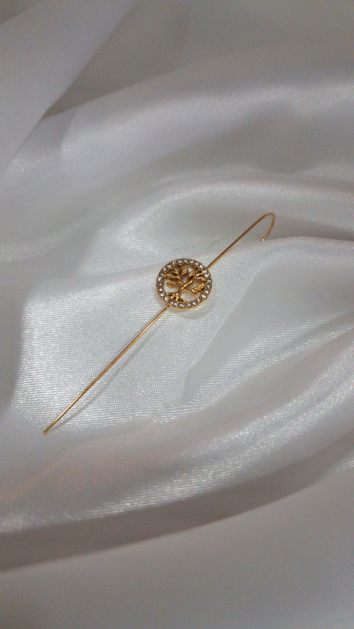 Gold-tone ear pin cuff with crystal-ringed tree of life charm - view 2