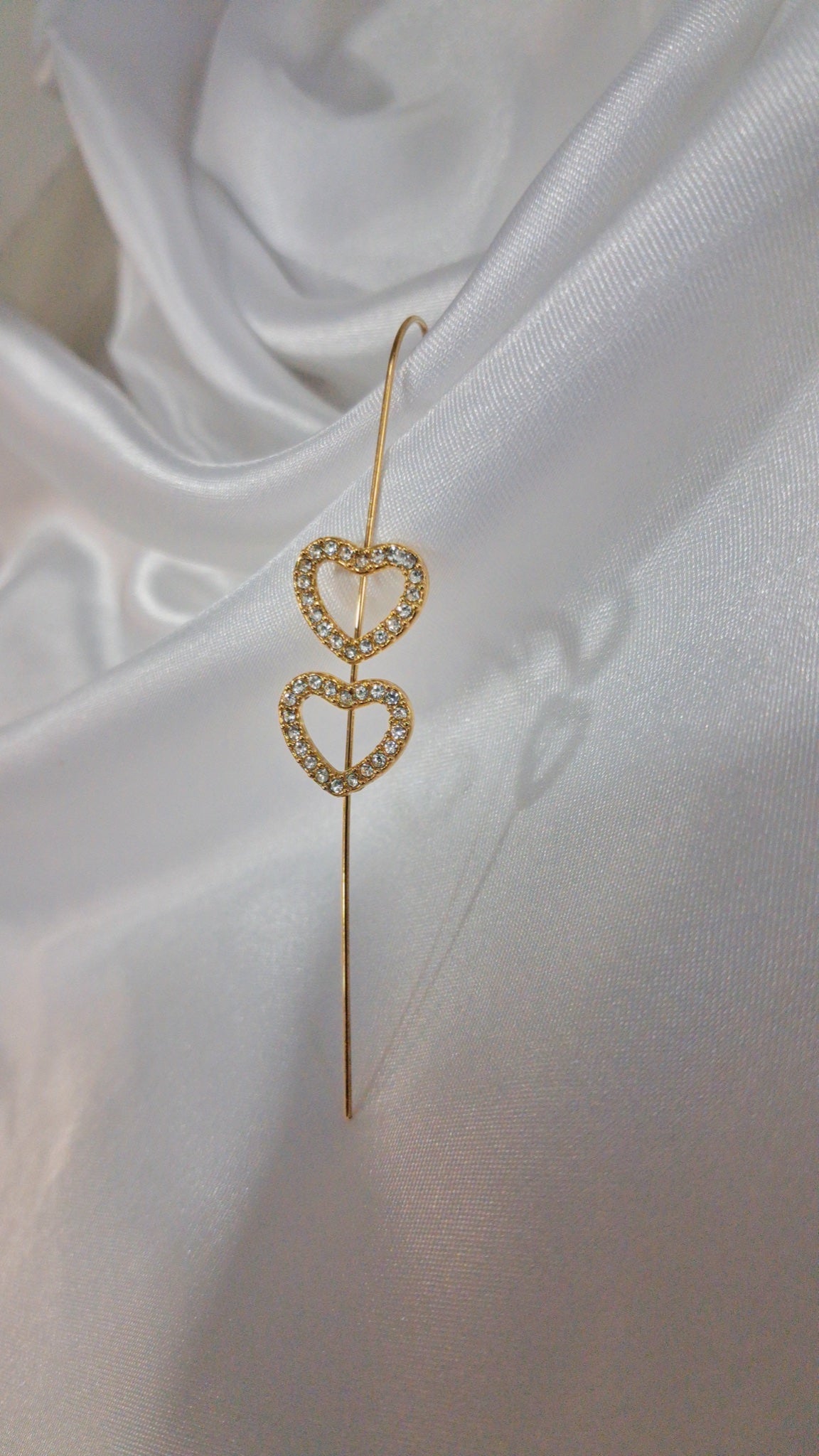 Gold-tone ear pin cuff with two crystal-paved open hearts - view 2