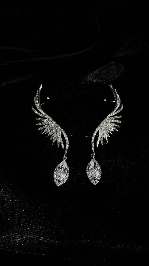 Pair of silver-tone crystal angel wing ear cuffs with marquise drops