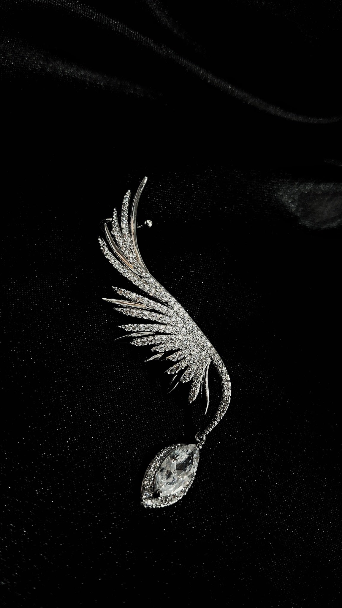 Pair of silver-tone crystal angel wing ear cuffs with marquise drops - view 2