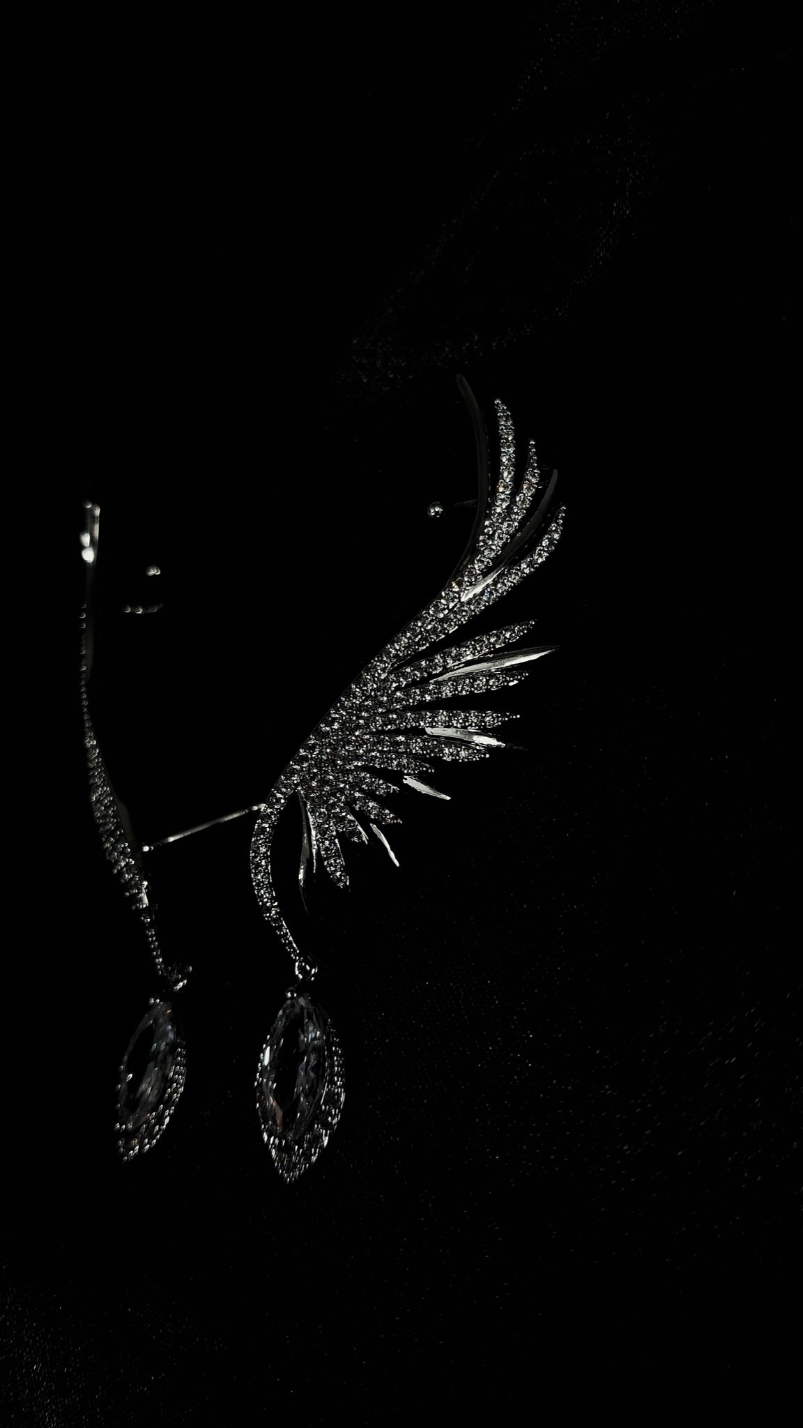 Pair of silver-tone crystal angel wing ear cuffs with marquise drops - view 3