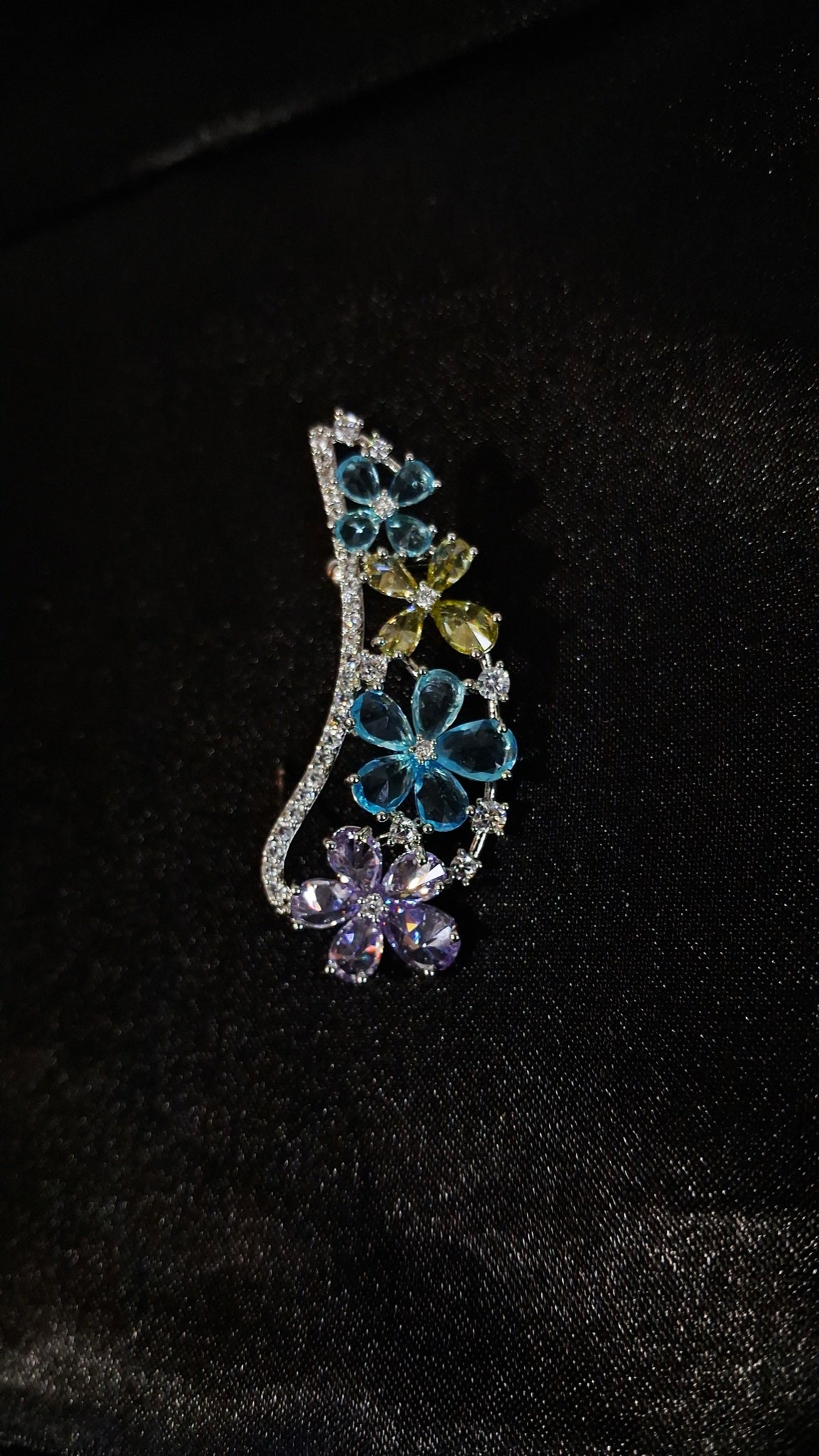 Pair of silver-tone floral ear cuffs with aqua, yellow and lavender stones - view 2