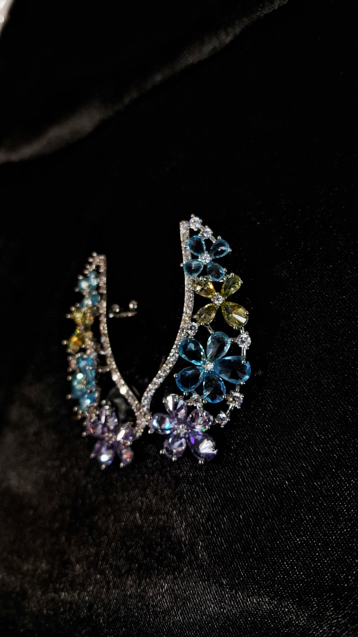 Pair of silver-tone floral ear cuffs with aqua, yellow and lavender stones - view 3