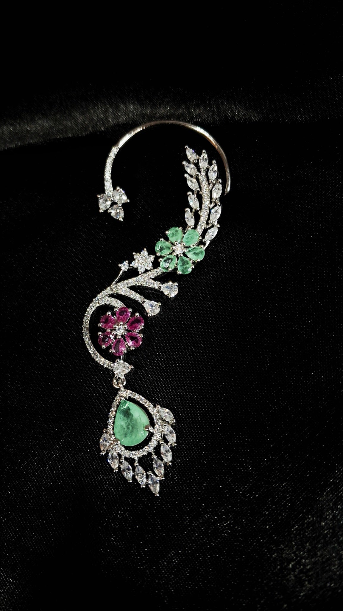 Pair of silver-tone full ear cuffs with green and pink stone flowers and teardrop drops - view 2