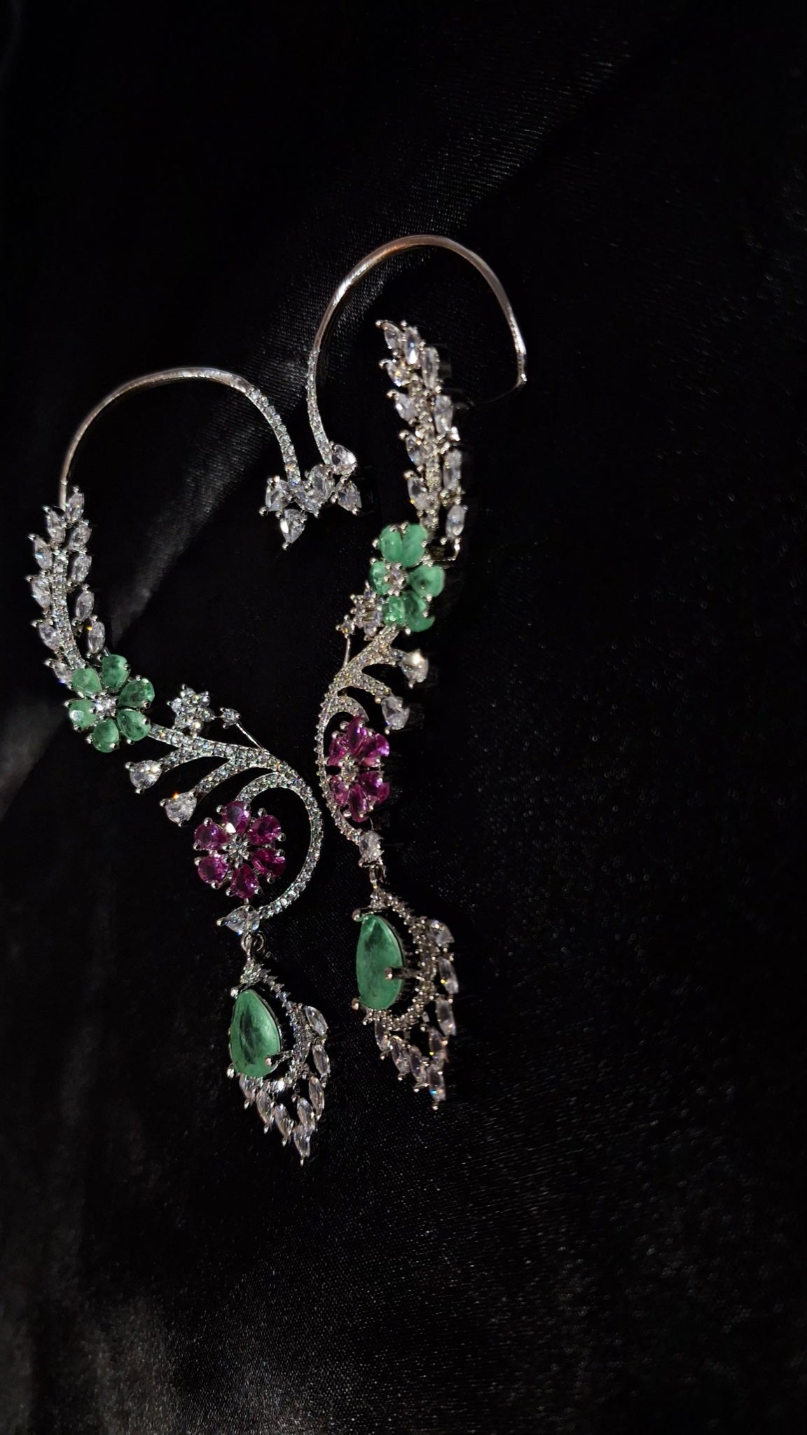 Pair of silver-tone full ear cuffs with green and pink stone flowers and teardrop drops - view 3