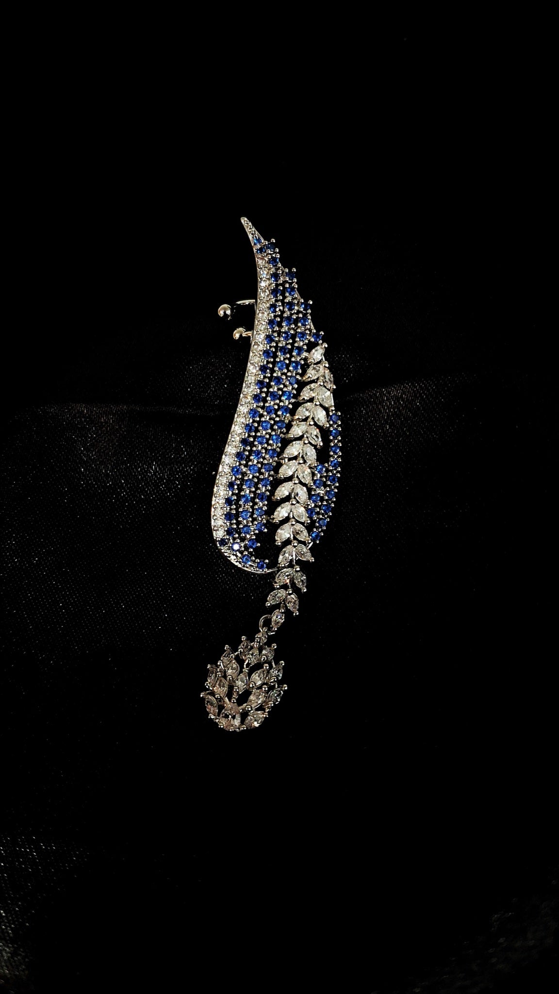 Pair of silver-tone leaf ear cuffs with sapphire-blue stones and crystal drops - view 2