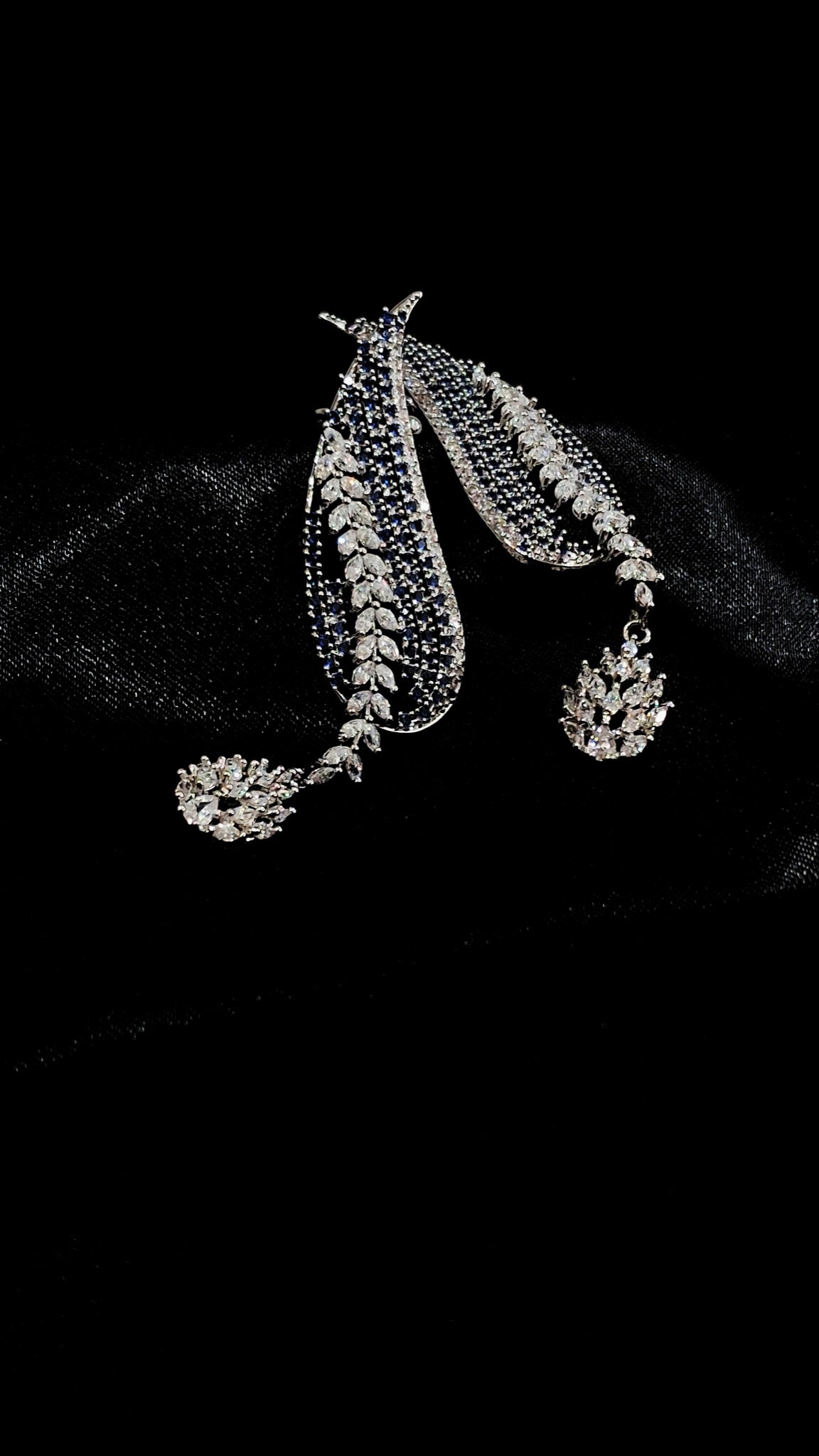 Pair of silver-tone leaf ear cuffs with sapphire-blue stones and crystal drops - view 3