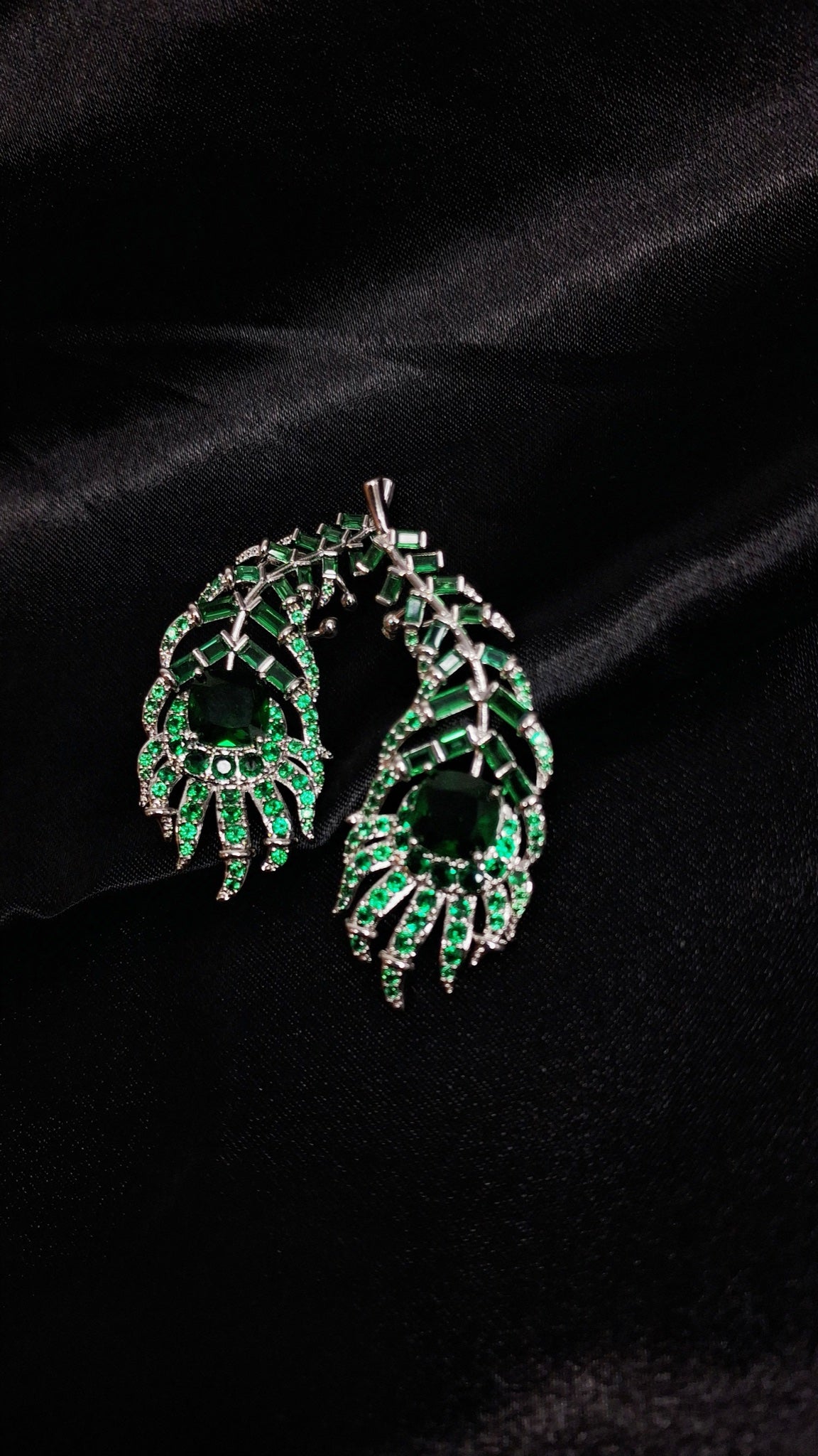 Pair of silver-tone peacock feather ear cuffs with emerald-green stones - view 3