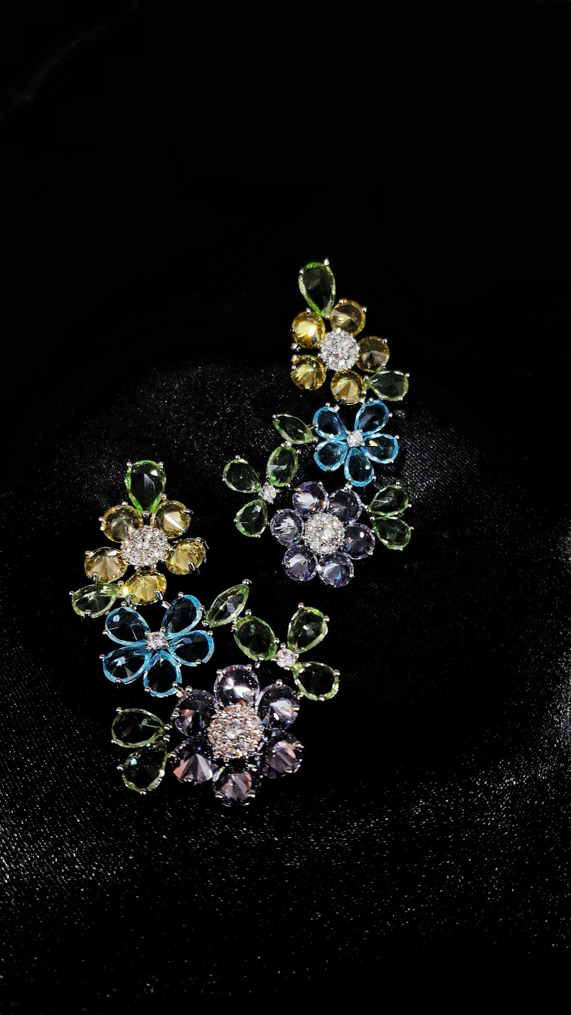Pair of silver-tone floral cluster earrings with yellow, aqua, lavender and green stones