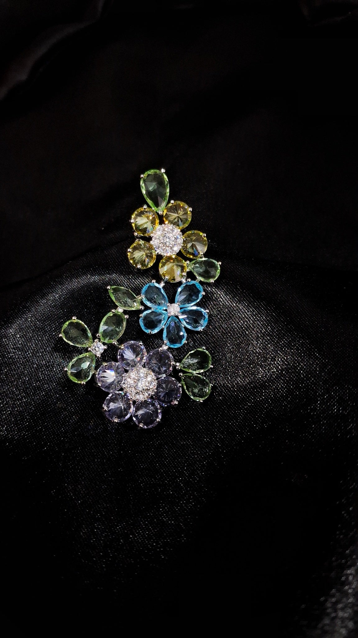Pair of silver-tone floral cluster earrings with yellow, aqua, lavender and green stones - view 2
