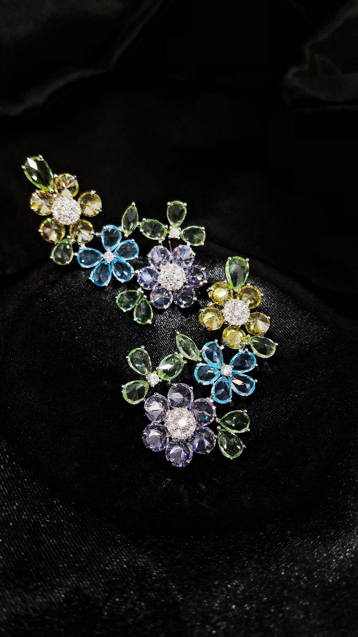 Pair of silver-tone floral cluster earrings with yellow, aqua, lavender and green stones - view 3