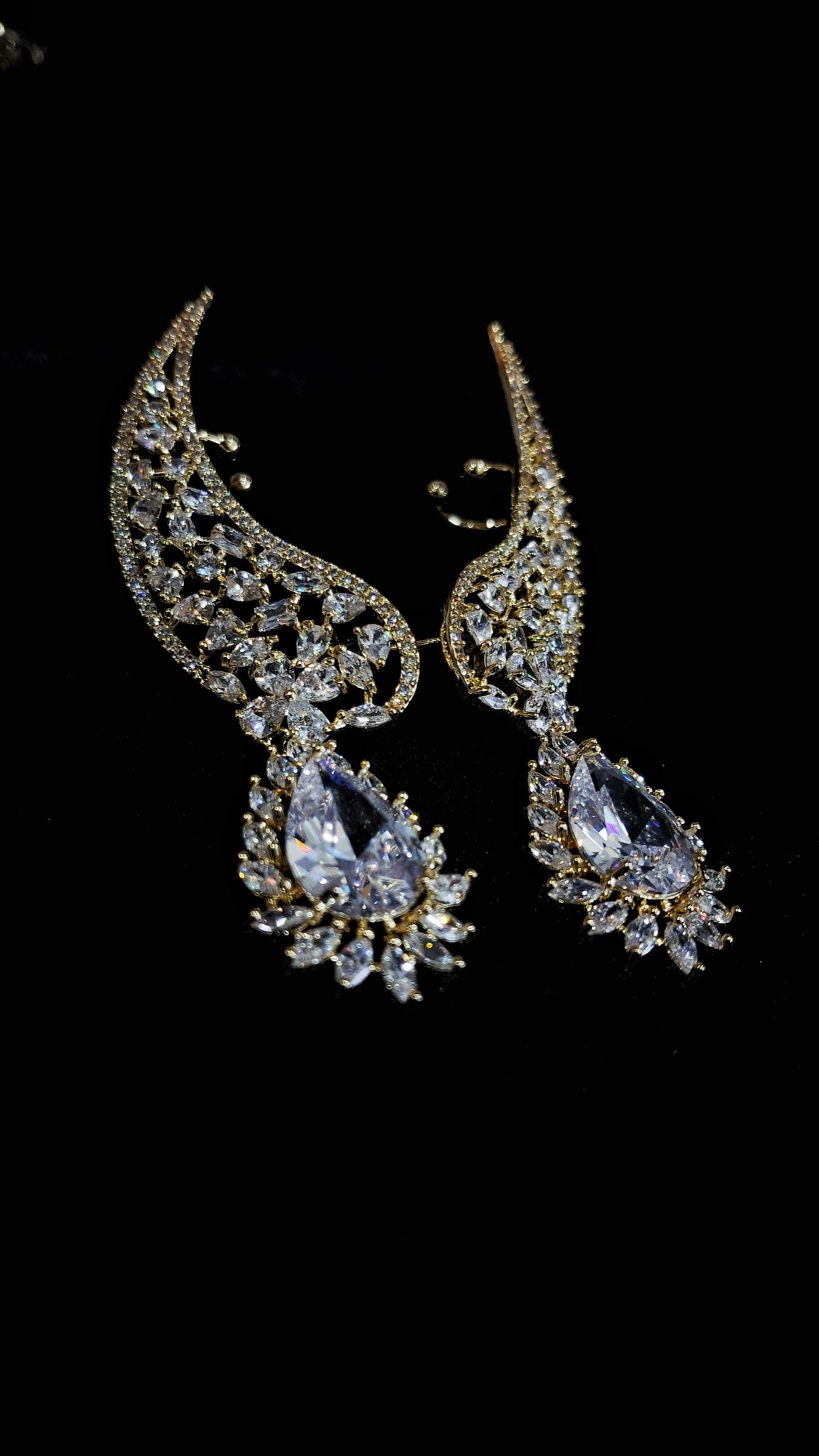 Gold-tone crystal wing ear cuffs with clear teardrop drops - view 3