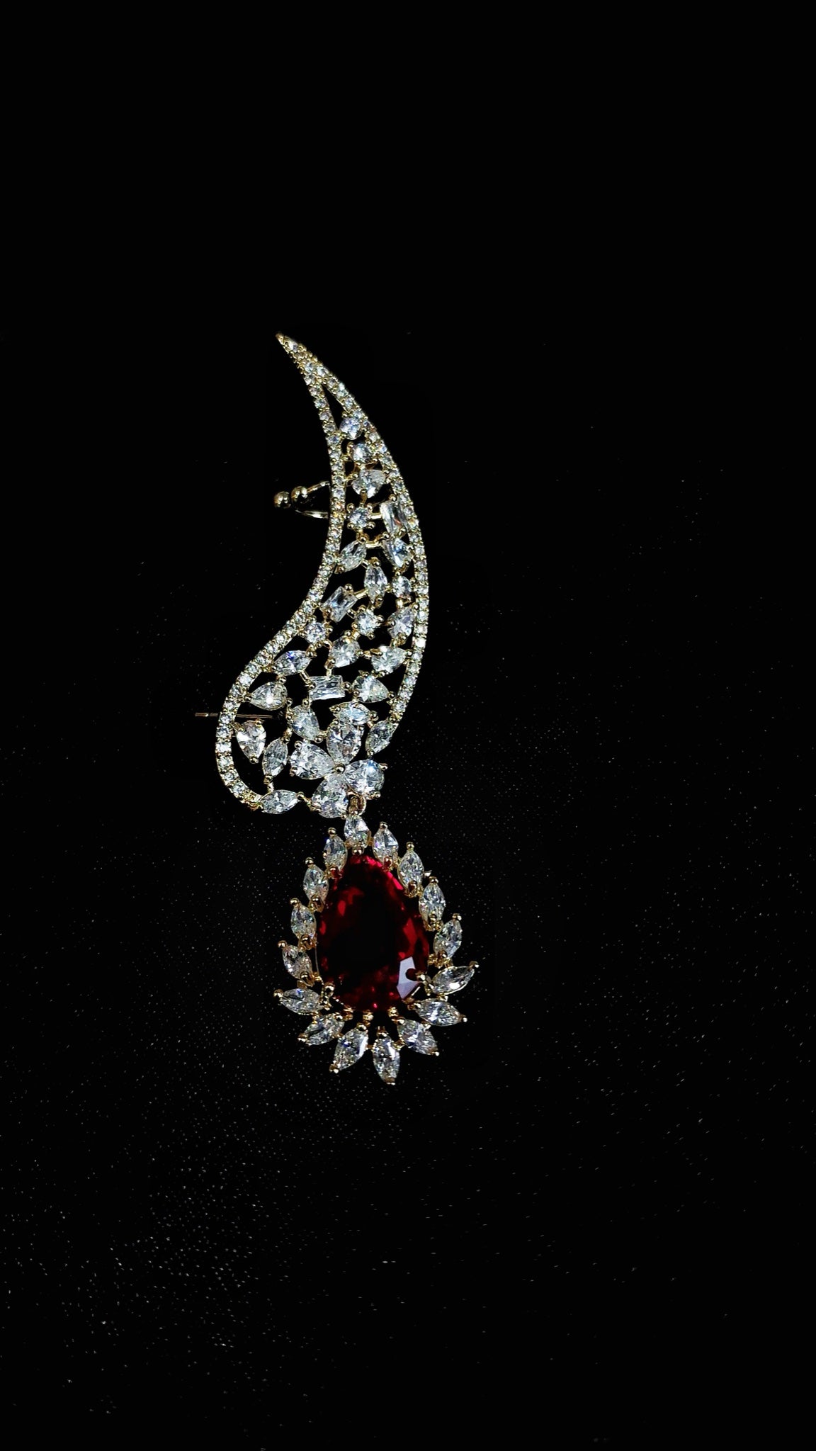 Gold-tone crystal wing ear cuffs with red teardrop drops - view 2
