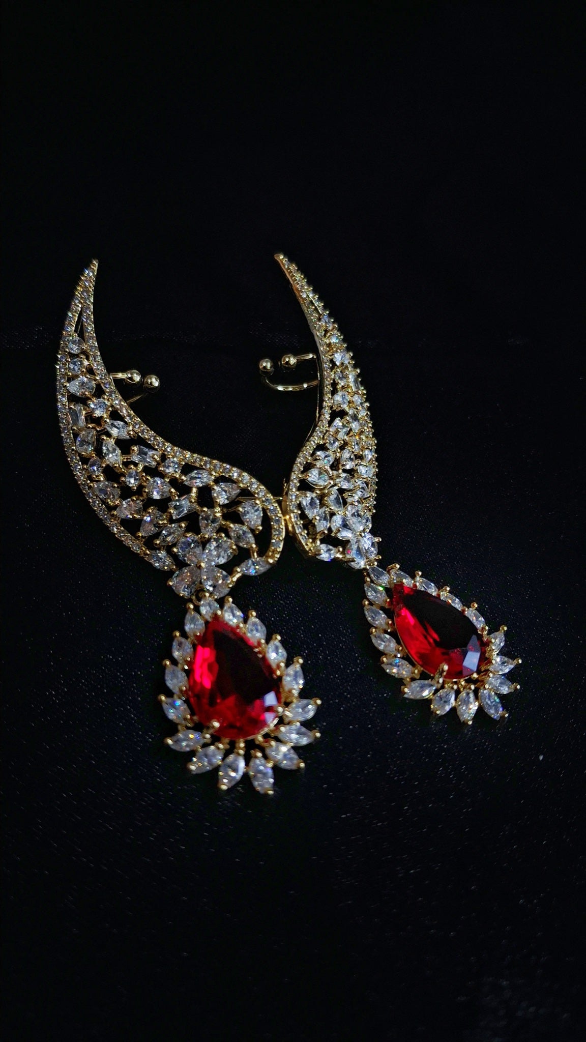 Gold-tone crystal wing ear cuffs with red teardrop drops - view 3
