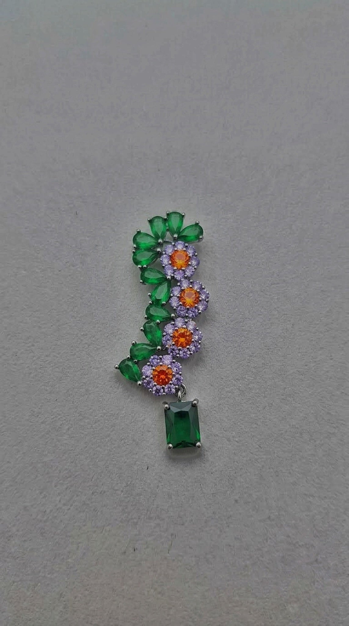 Gunmetal-tone floral ear climbers with green, orange and lavender stones - view 2