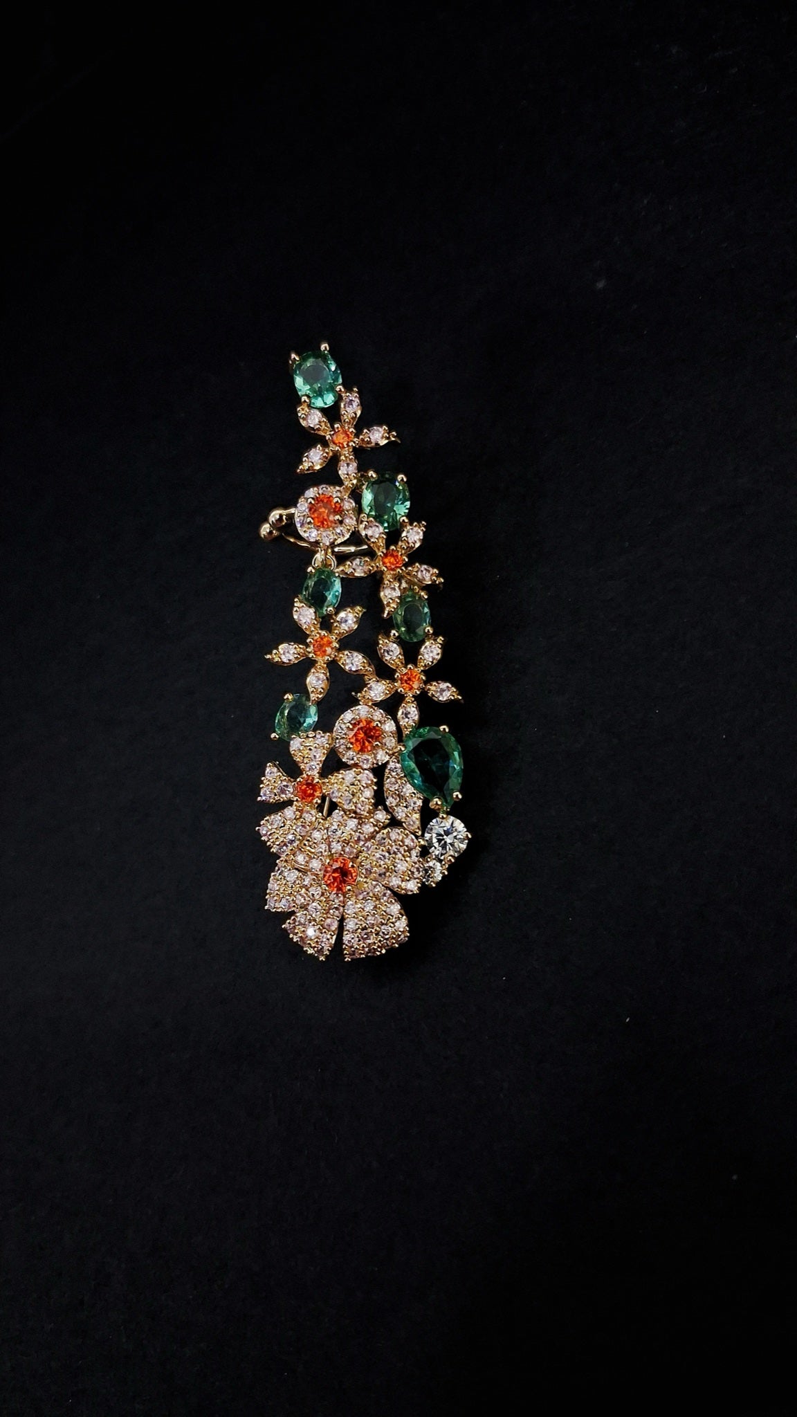 Gold-tone crystal flower ear climbers with green and orange stones - view 2