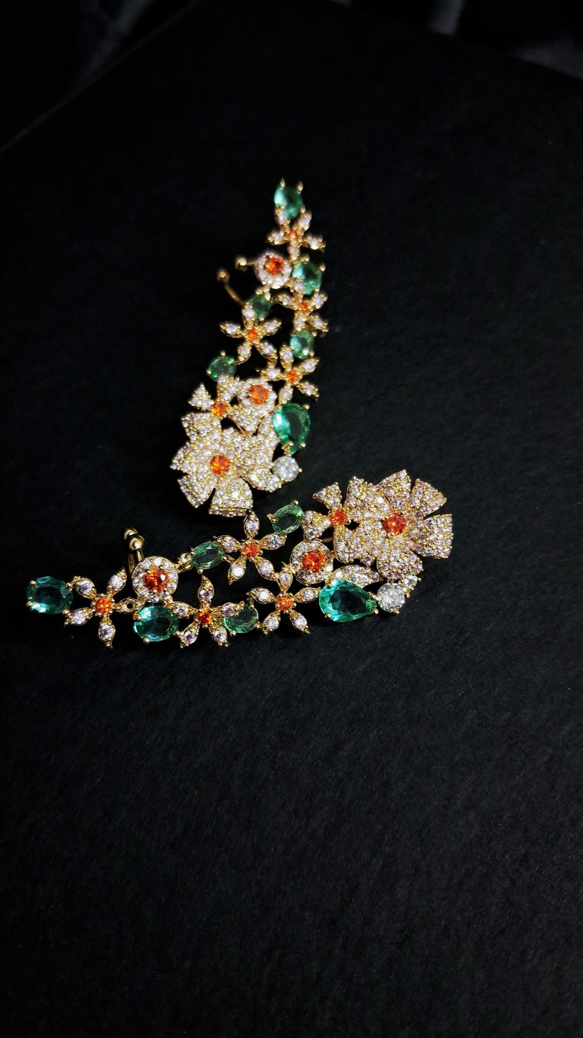 Gold-tone crystal flower ear climbers with green and orange stones - view 3