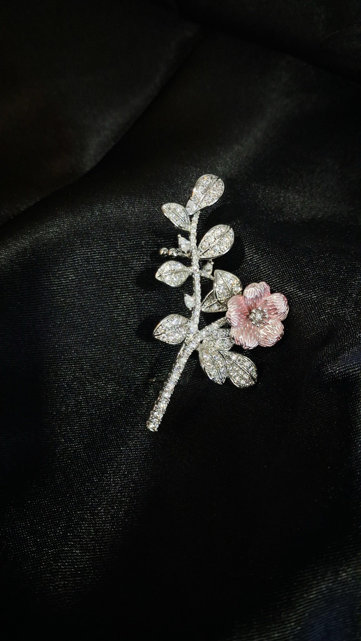 Silver-tone crystal branch ear climbers with pink enamel flower - view 2