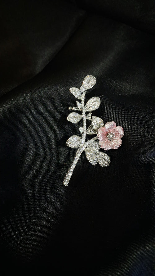 Silver-tone crystal branch ear climbers with pink enamel flower - view 2
