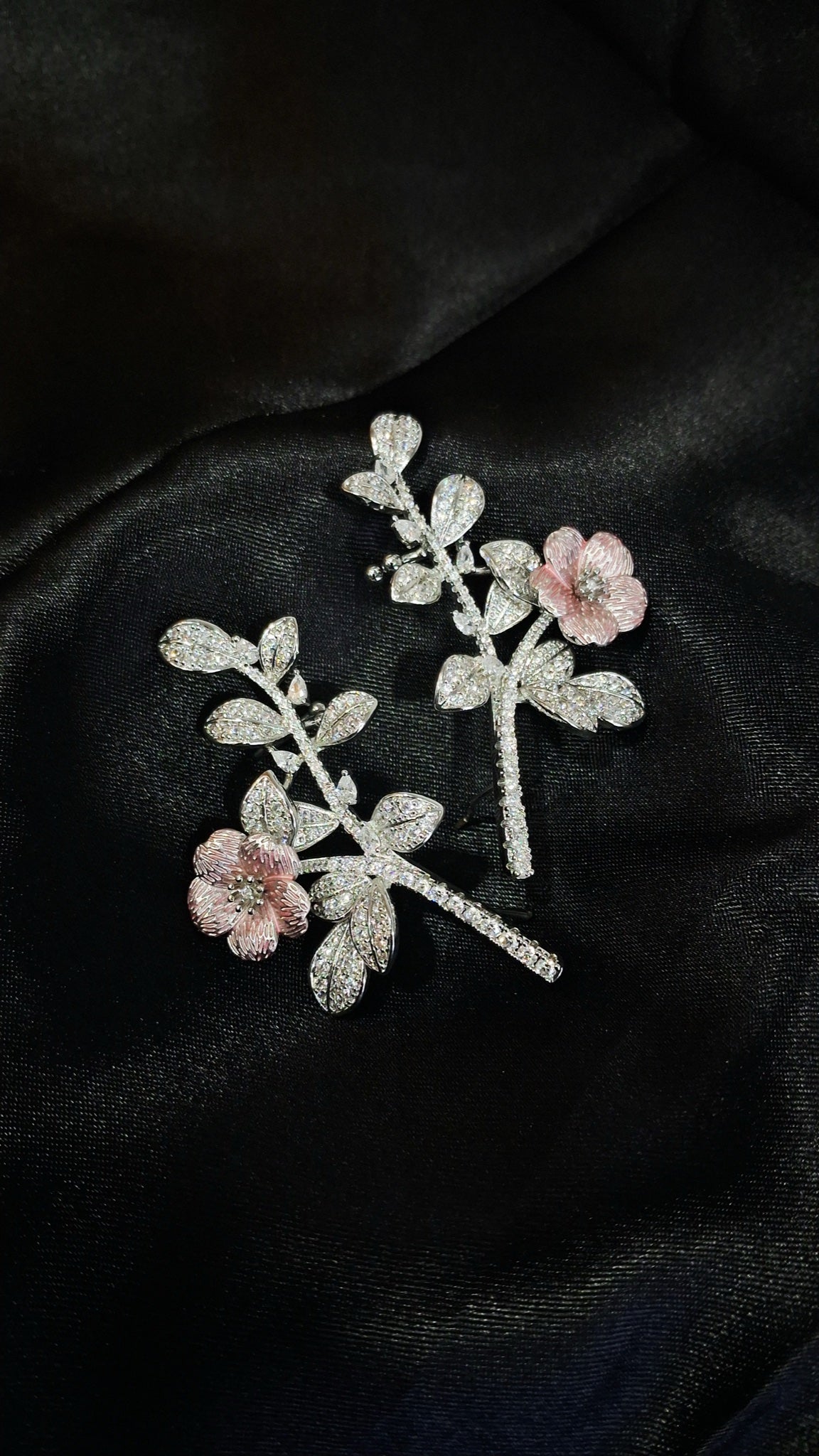 Silver-tone crystal branch ear climbers with pink enamel flower - view 3