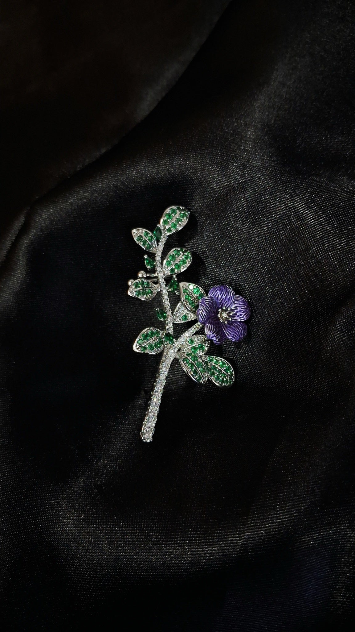 Silver-tone ear climbers with green stone leaves and purple enamel flower - view 2