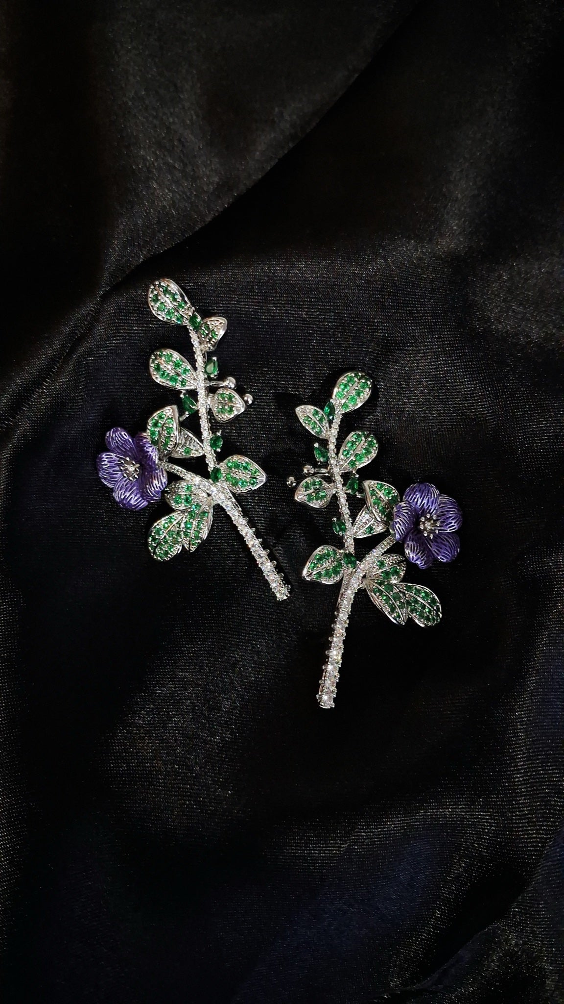 Silver-tone ear climbers with green stone leaves and purple enamel flower - view 3