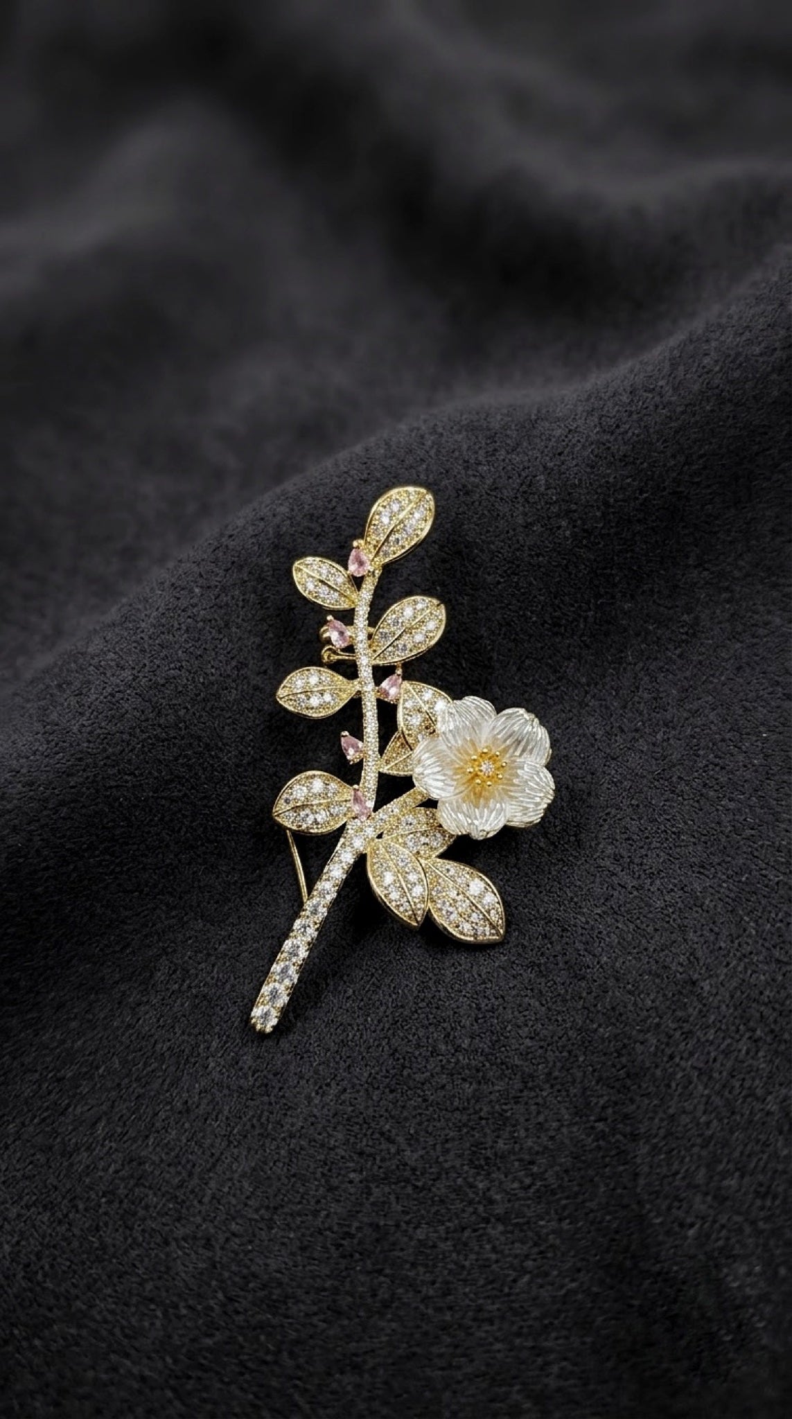 Gold-tone leafy ear climbers with white flower and pink accents - view 2