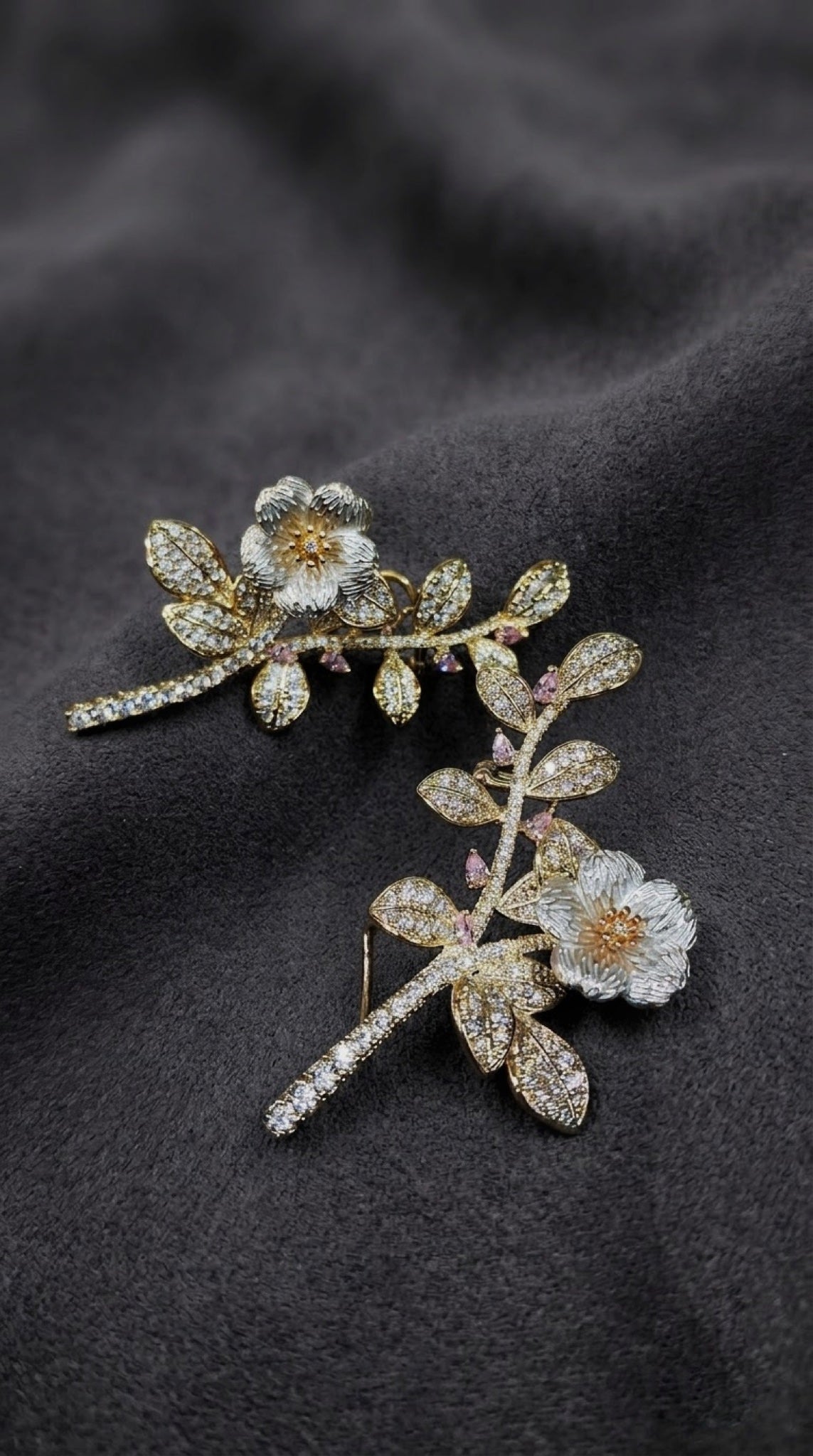 Gold-tone leafy ear climbers with white flower and pink accents - view 3