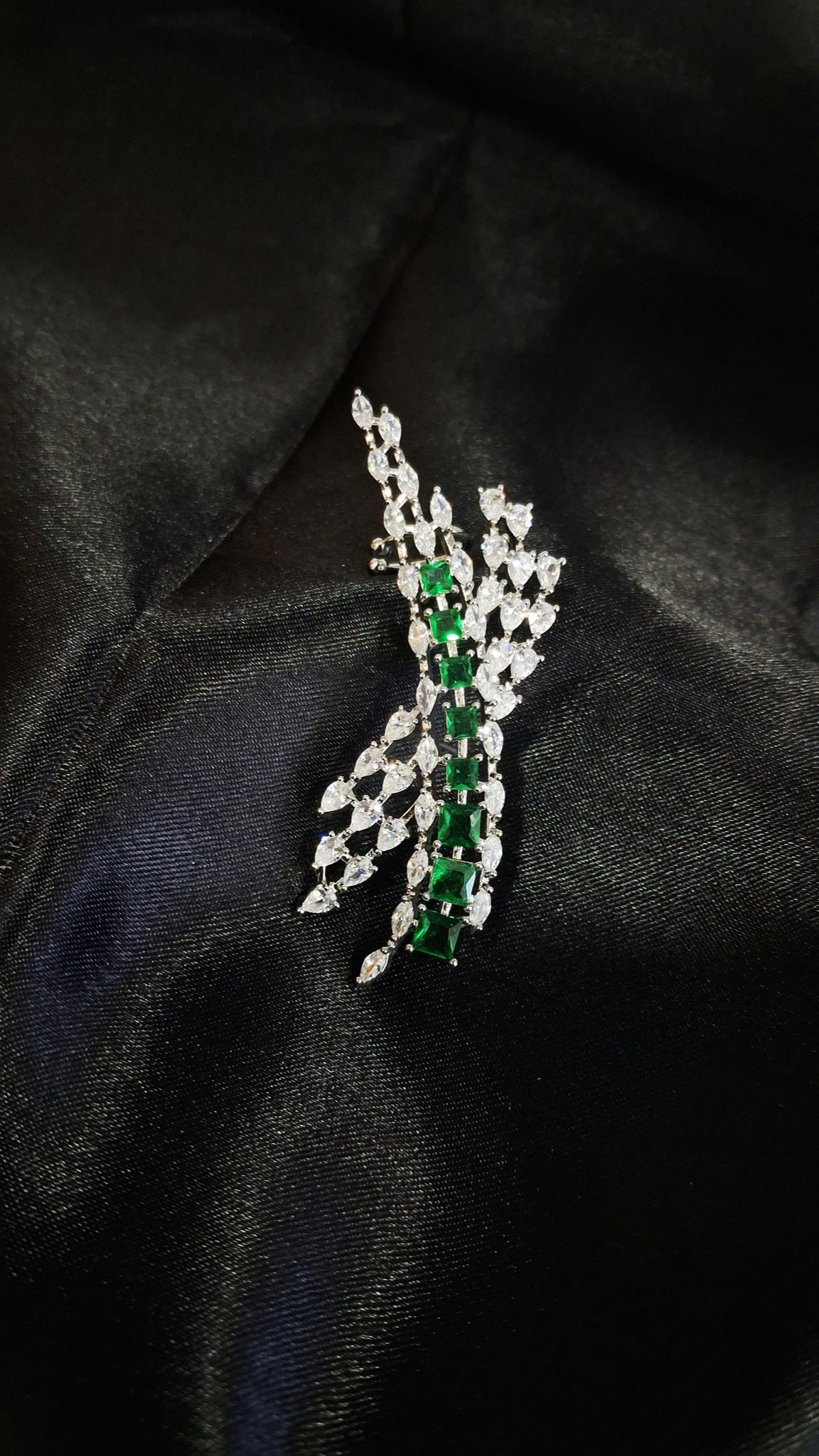Silver-tone crystal spray ear climbers with green square stones - view 2