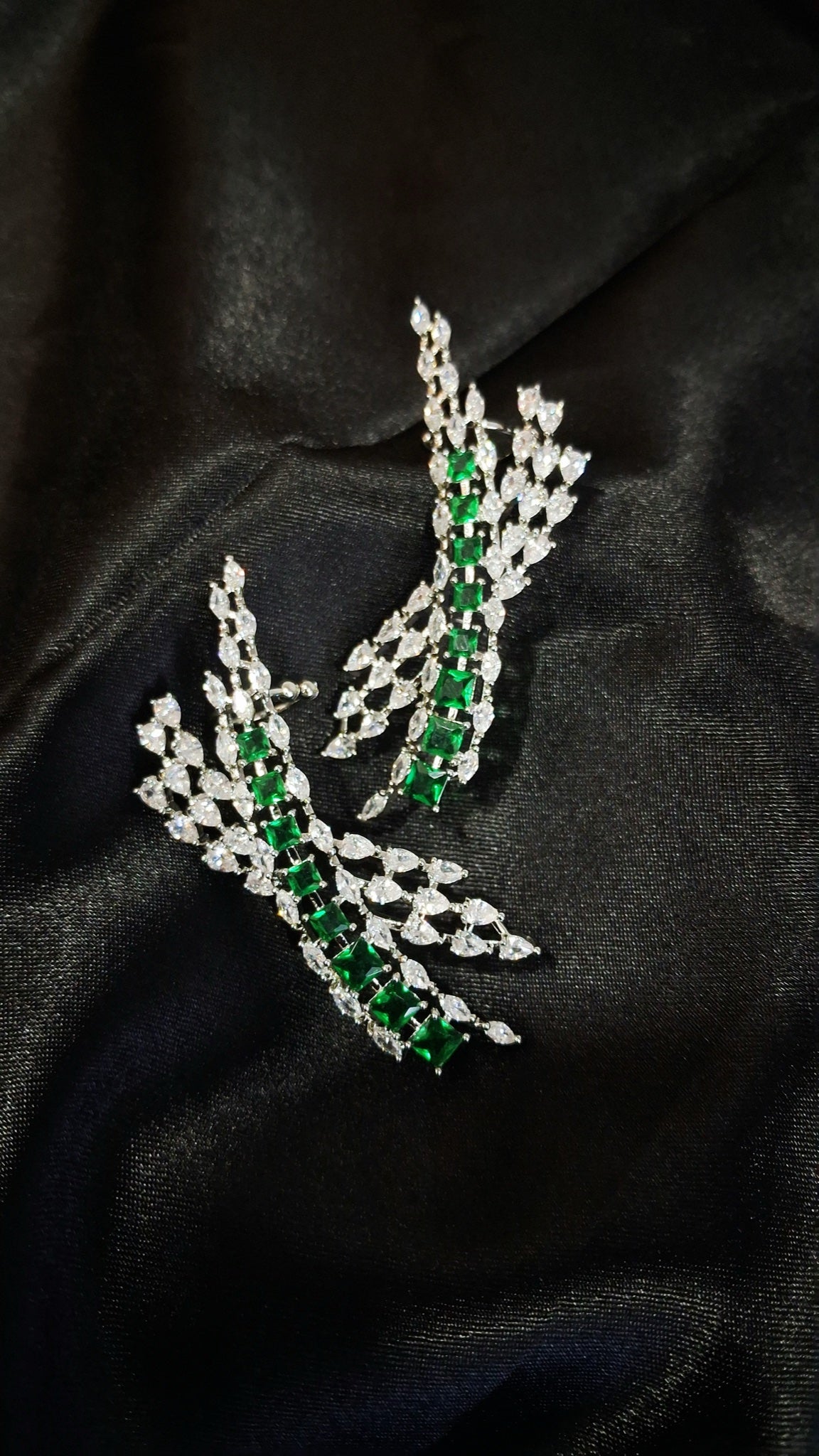 Silver-tone crystal spray ear climbers with green square stones - view 3
