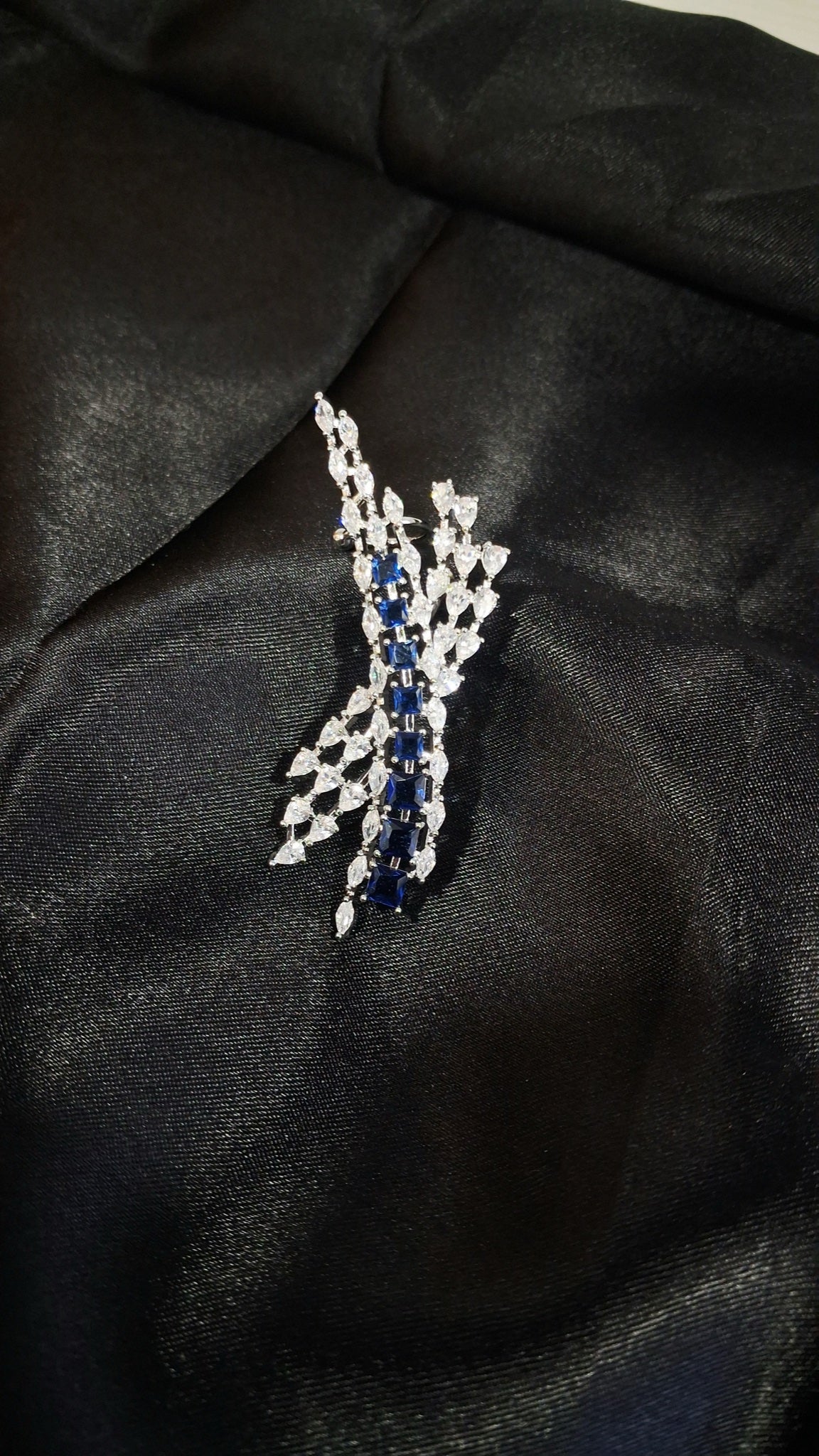 Silver-tone crystal spray ear climbers with blue square stones - view 2