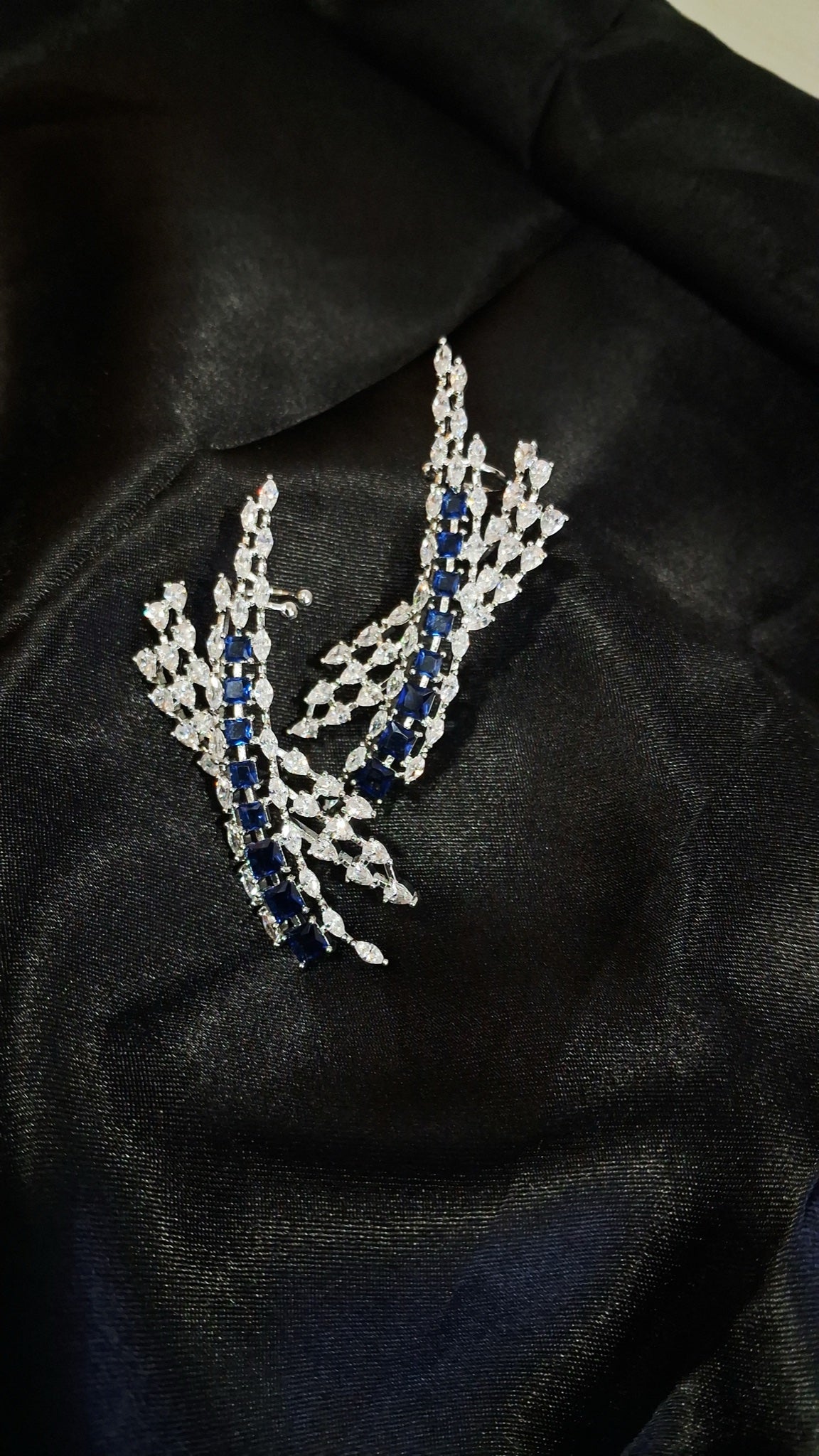 Silver-tone crystal spray ear climbers with blue square stones - view 3
