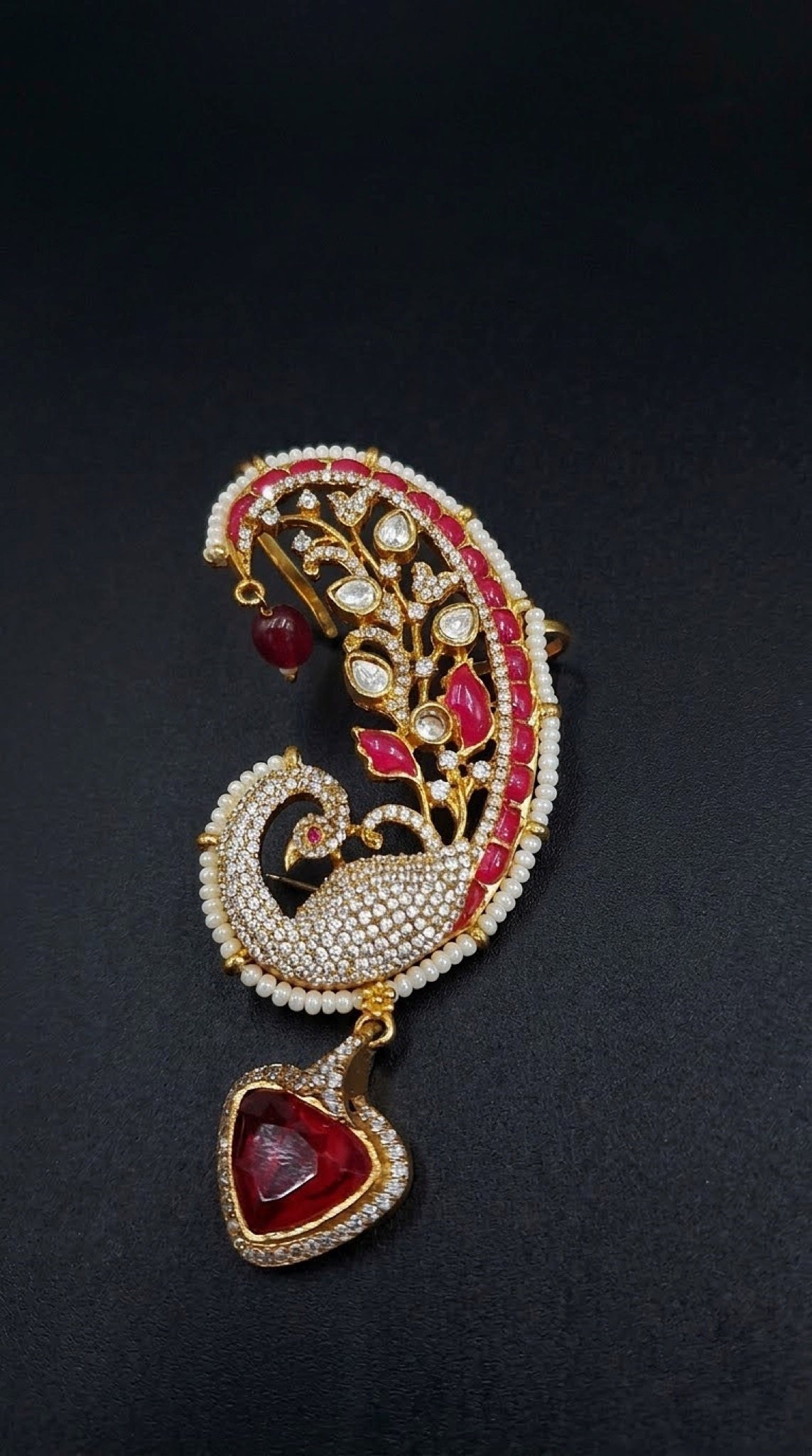 Gold-tone peacock paisley ear cuffs with kundan-look stones, faux pearls and red drop - view 2