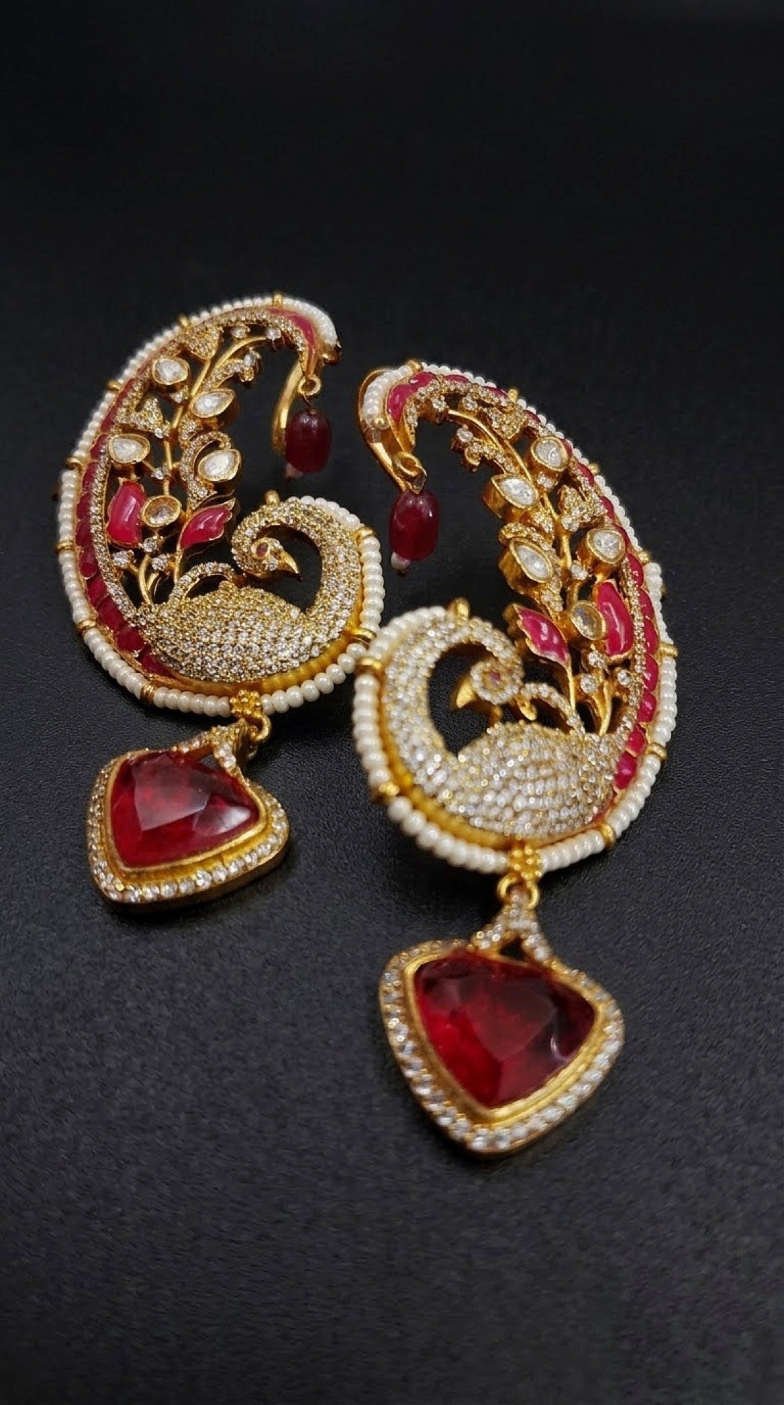 Gold-tone peacock paisley ear cuffs with kundan-look stones, faux pearls and red drop - view 3