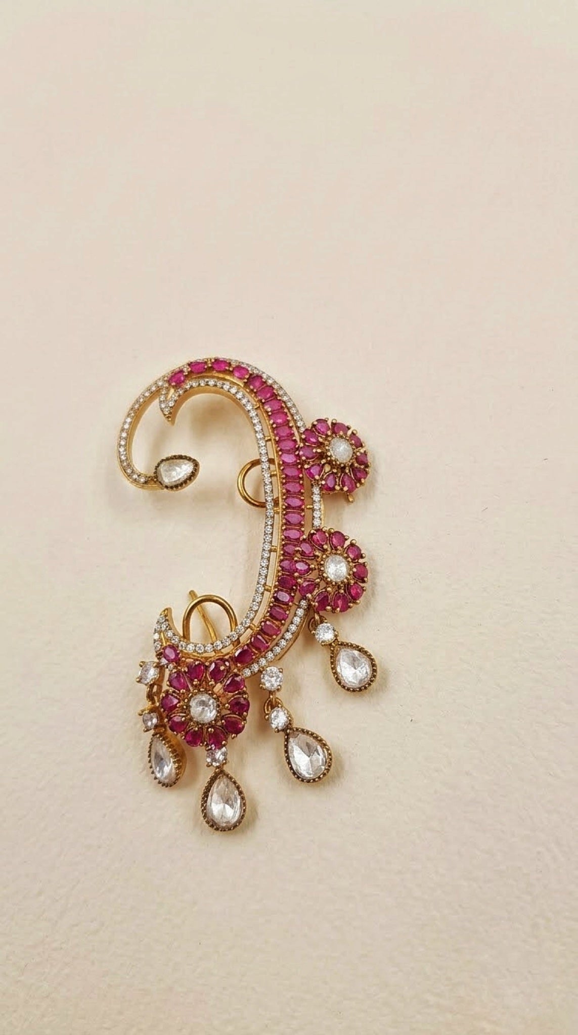 Gold-tone full-ear cuffs with pink stones, kundan-look florets and clear drops - view 2