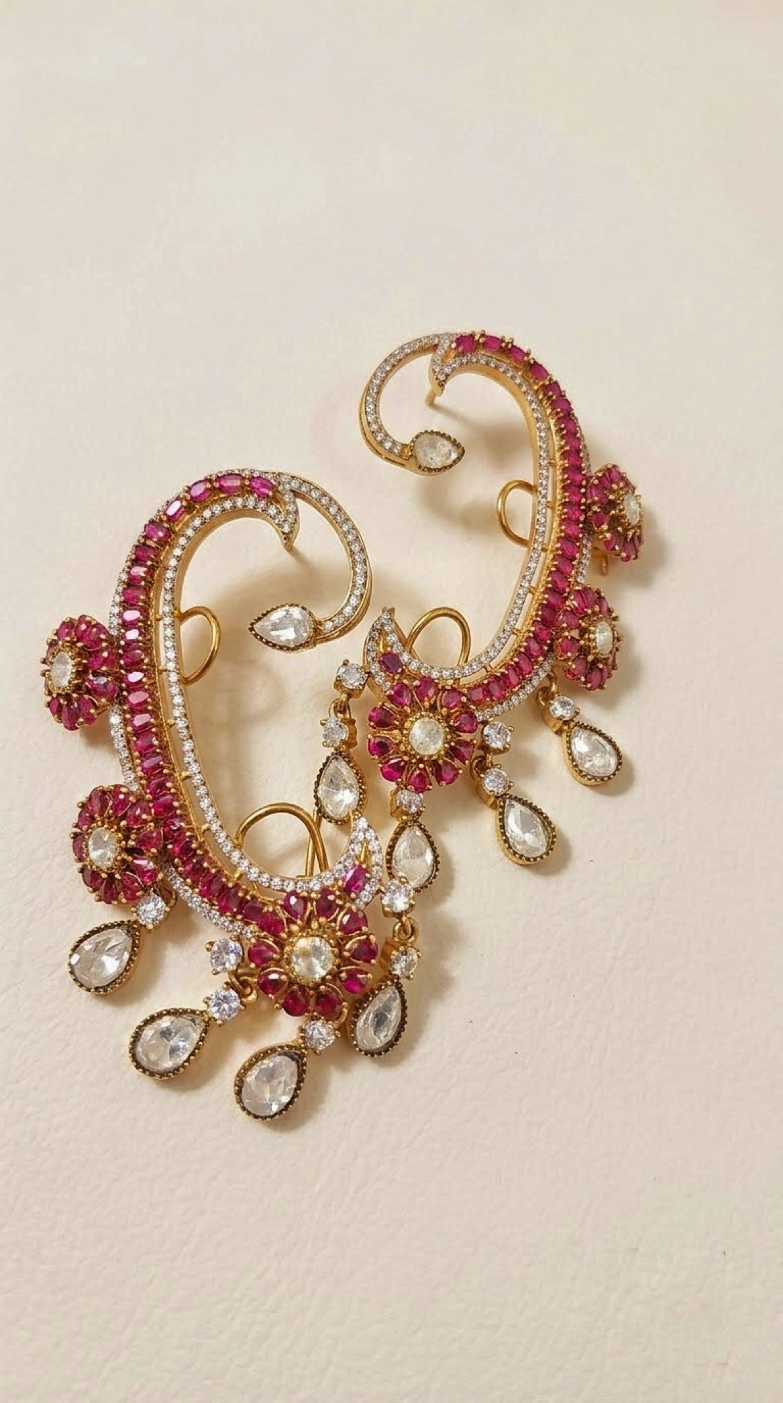 Gold-tone full-ear cuffs with pink stones, kundan-look florets and clear drops - view 3