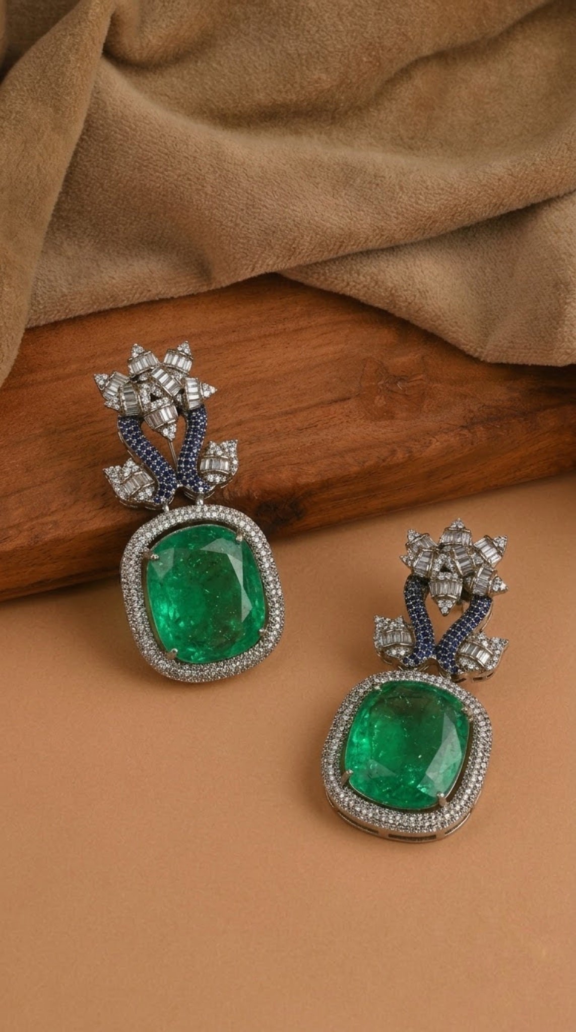 Drop earrings with large green cushion stone and crystal flower top