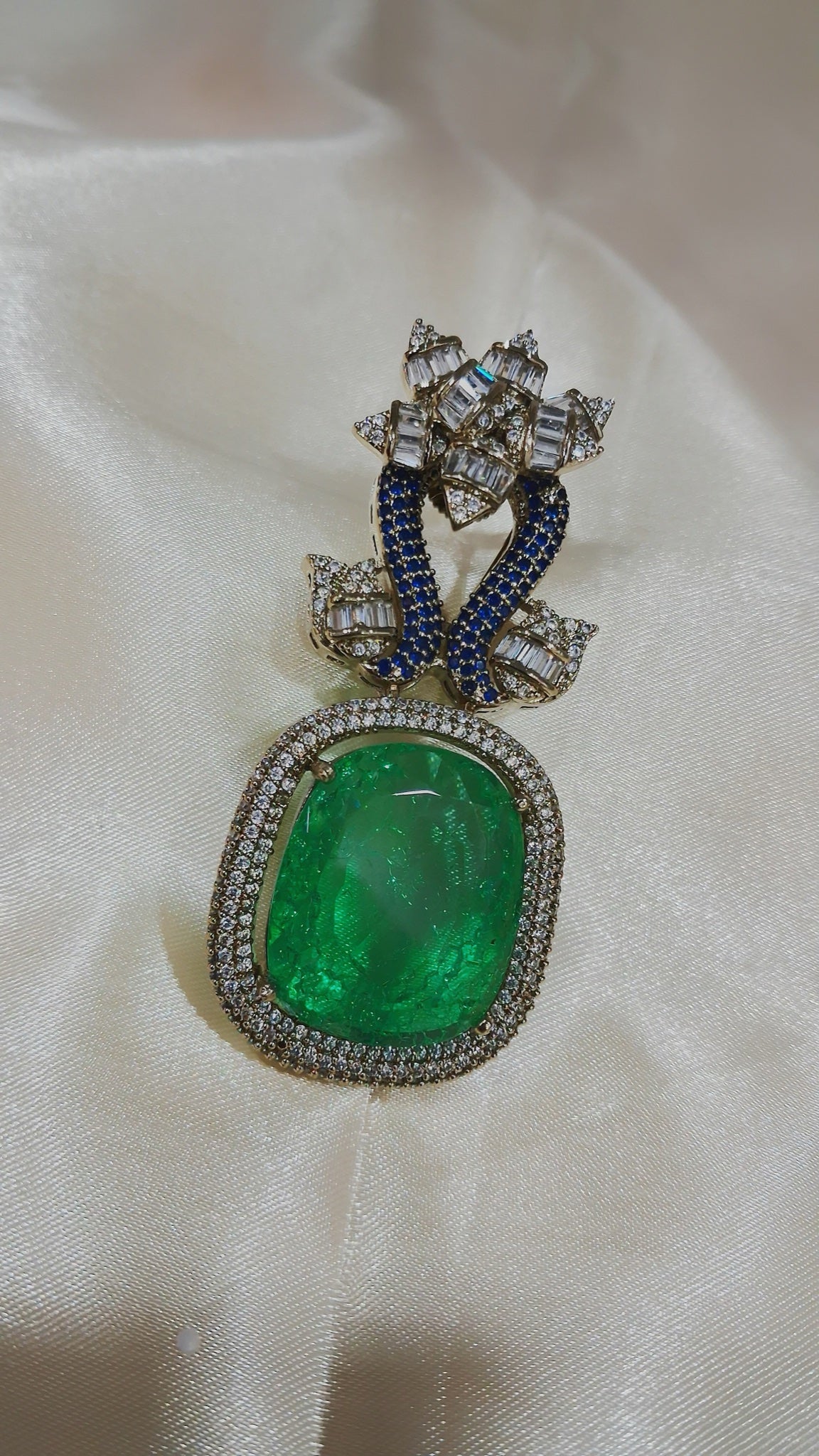 Drop earrings with large green cushion stone and crystal flower top - view 2