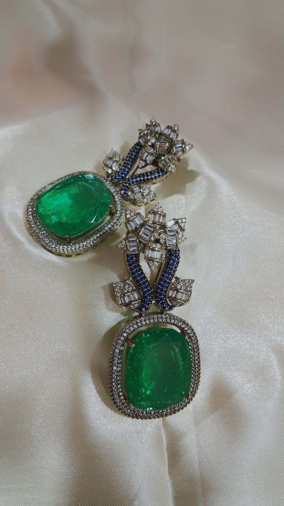 Drop earrings with large green cushion stone and crystal flower top - view 3