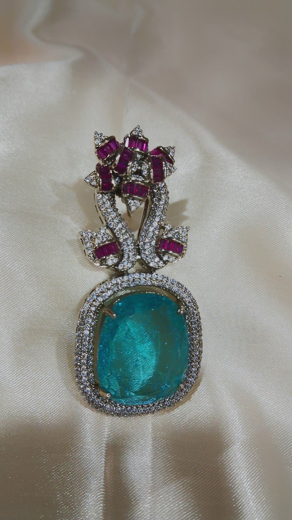 Drop earrings with large aqua-blue stone and fuchsia flower top - view 2