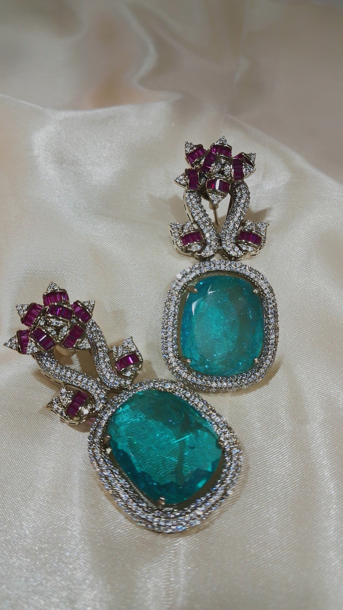 Drop earrings with large aqua-blue stone and fuchsia flower top - view 3