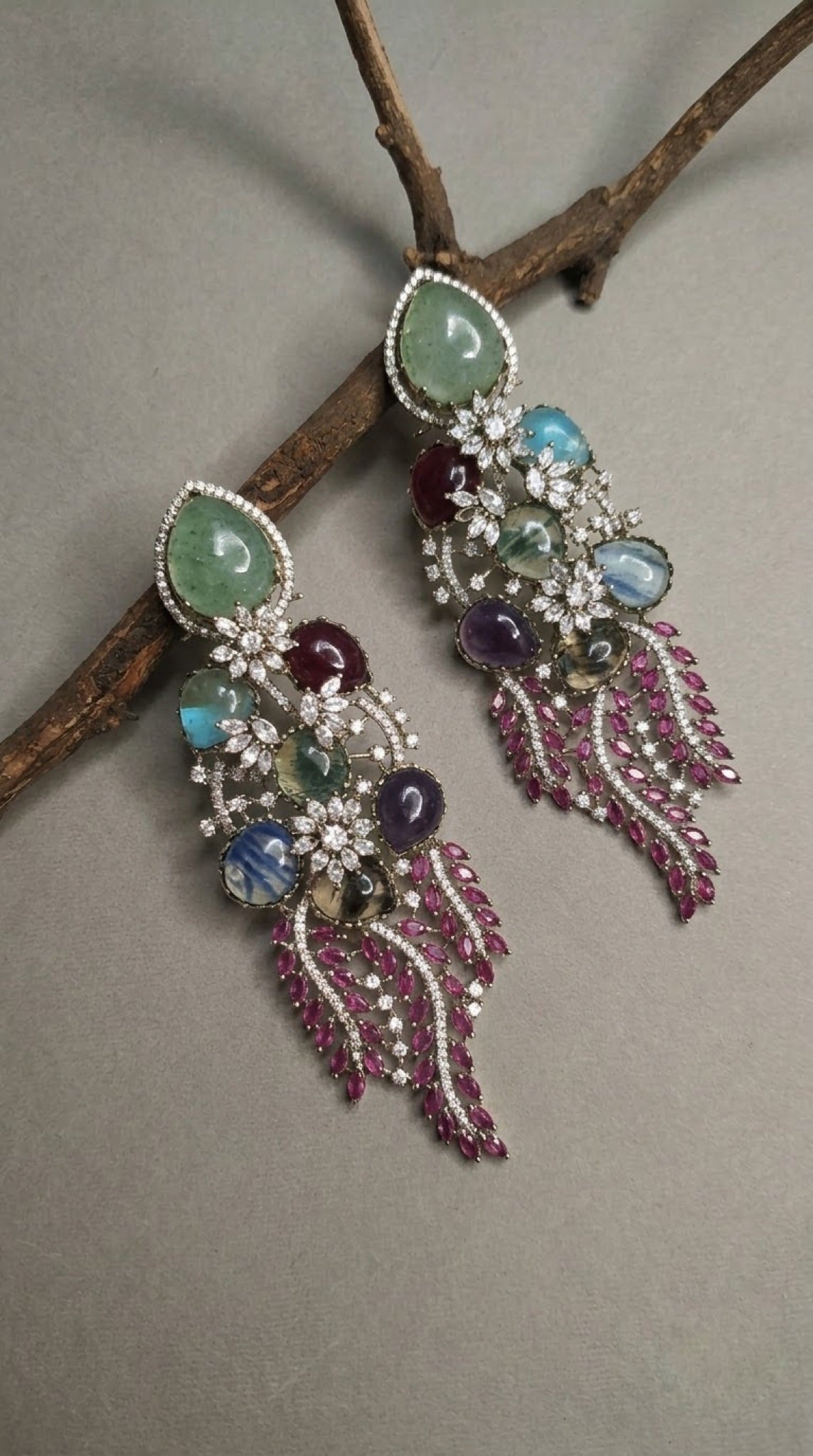 Long fringe earrings with pastel multicolour stones and pink marquise cascade