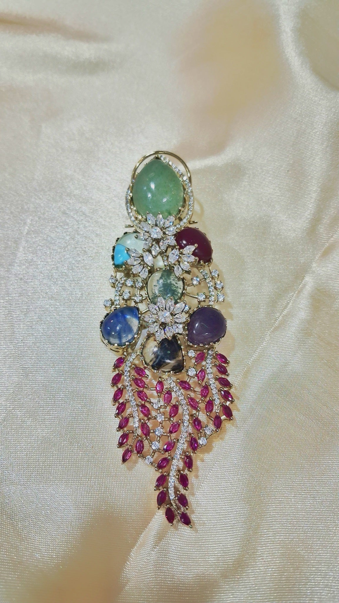 Long fringe earrings with pastel multicolour stones and pink marquise cascade - view 2