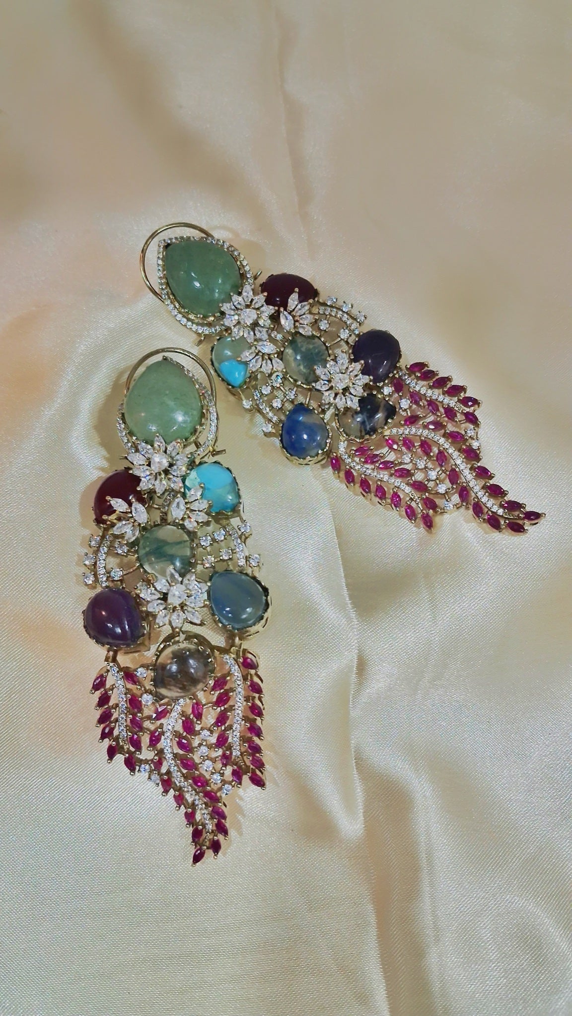 Long fringe earrings with pastel multicolour stones and pink marquise cascade - view 3