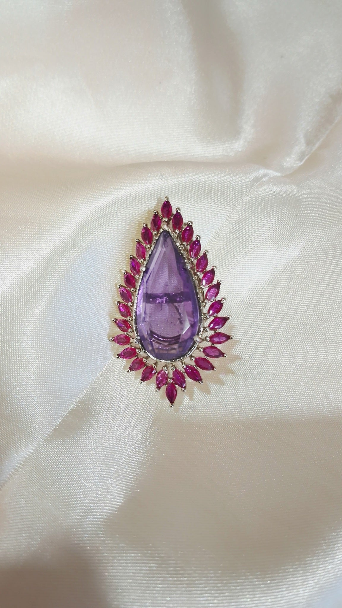 Pear-shaped stud earrings with lavender stone and fuchsia marquise halo - view 2