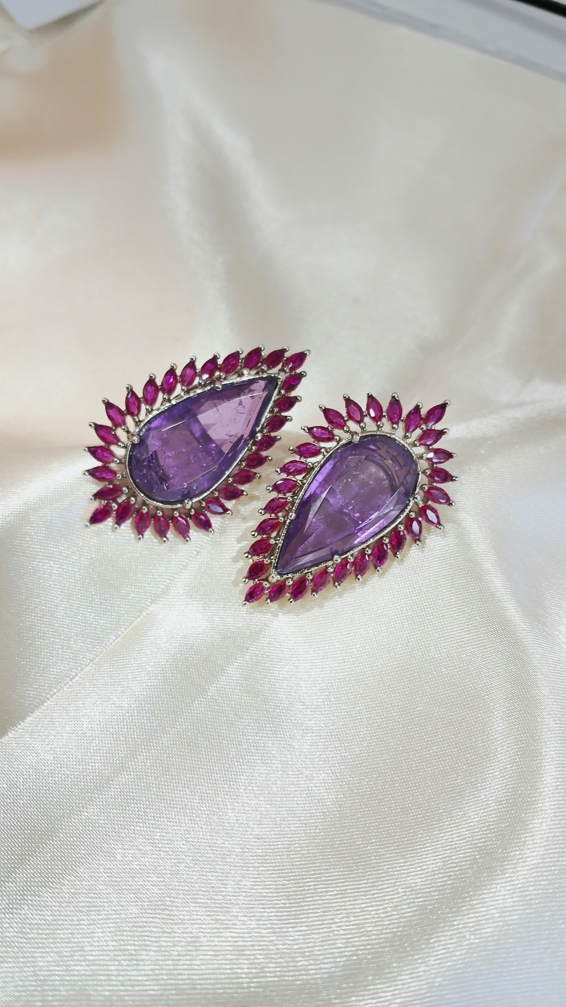 Pear-shaped stud earrings with lavender stone and fuchsia marquise halo - view 3