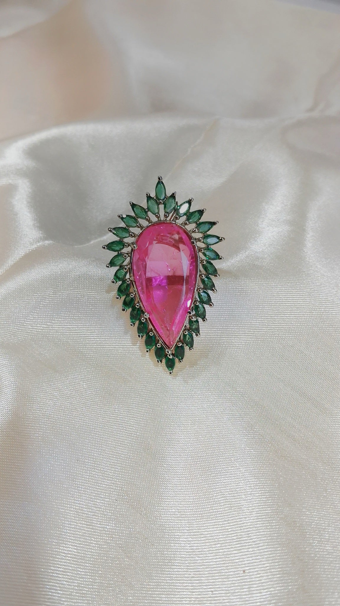 Pear-shaped stud earrings with pink stone and green marquise halo - view 2