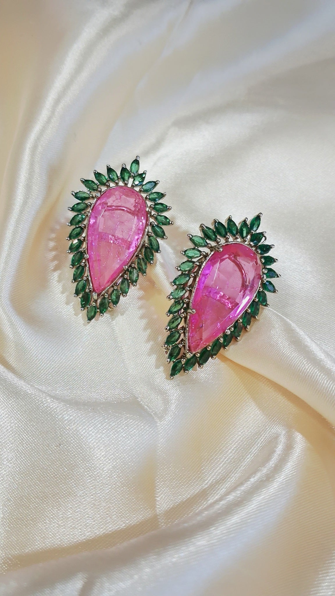 Pear-shaped stud earrings with pink stone and green marquise halo - view 3