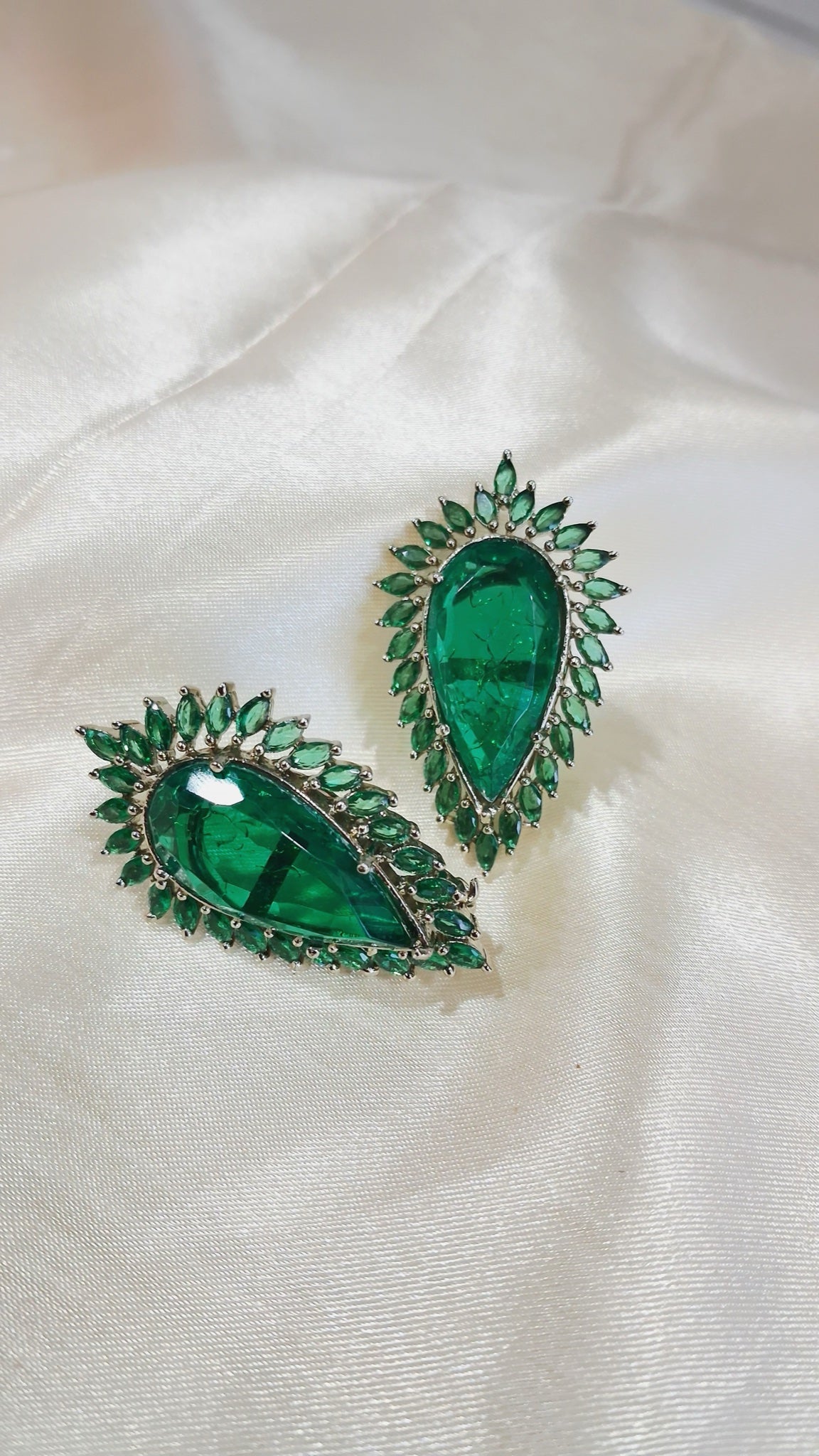 Pear-shaped stud earrings with green stone and green marquise halo - view 2