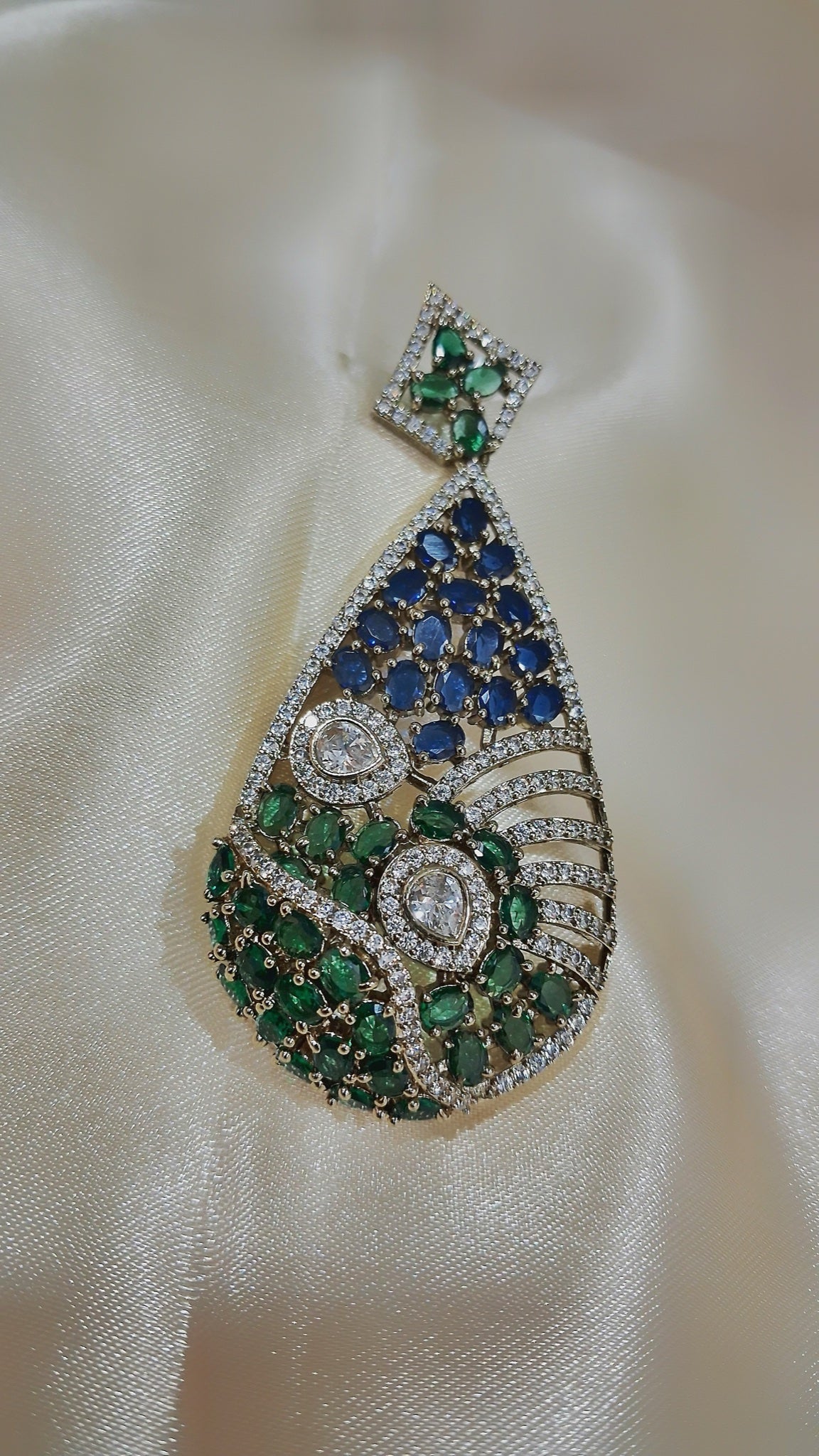 Teardrop earrings with blue and green stones and crystal waves - view 2